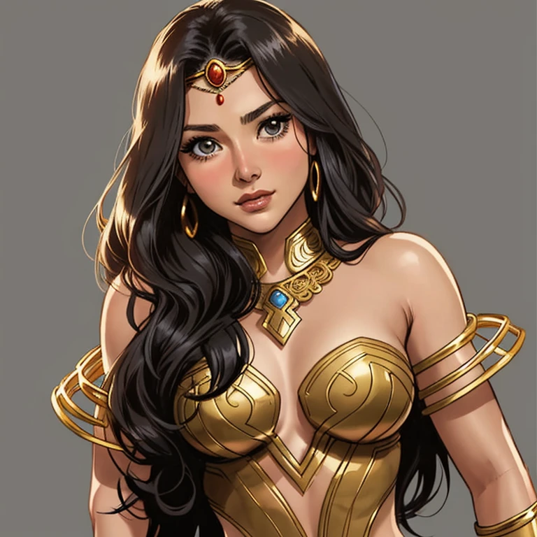 DC Comics, (emote:1), Eloise Mumford dressed as Dejah Thoris, by Frank cho and HR Geiger, barsoom, (sexy), ornate diadem, nearly naked, (1girl:1), (head shot:1.1), (overtly sad), Gray background, one girl