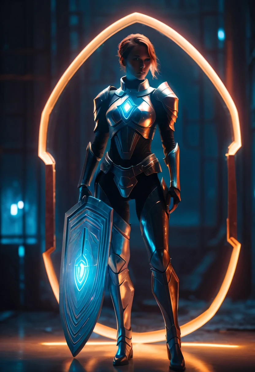 Medieval knight holding large shield，cyberpunk，Holographic projection，fault art，mechanical aesthetics，neon lights，laser light，fluorescence，glow effect，liquid metal，Copper plate engraving，Unreal Engine