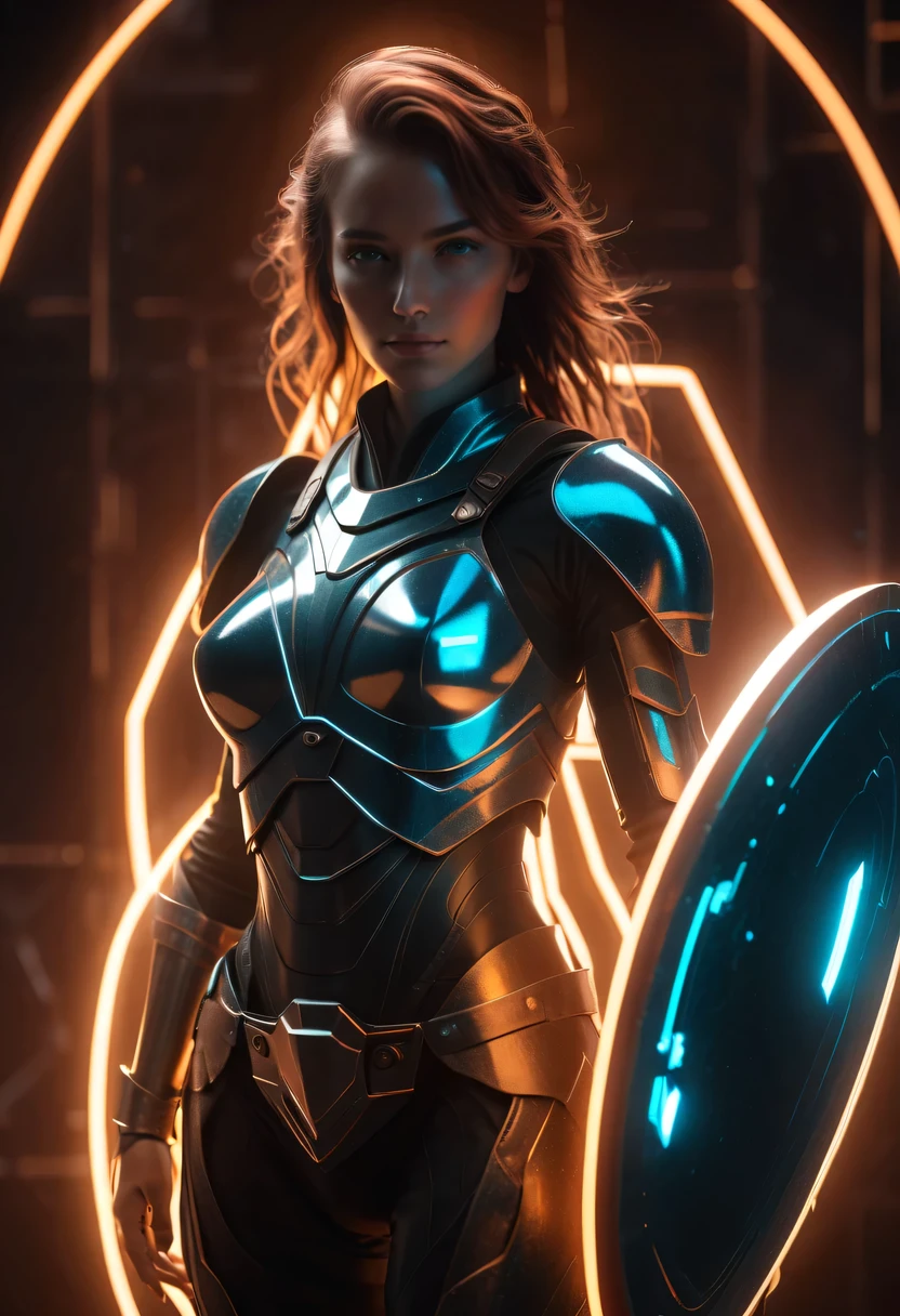 Medieval knight holding large shield，cyberpunk，Holographic projection，fault art，mechanical aesthetics，neon lights，laser light，fluorescence，glow effect，liquid metal，Copper plate engraving，Unreal Engine