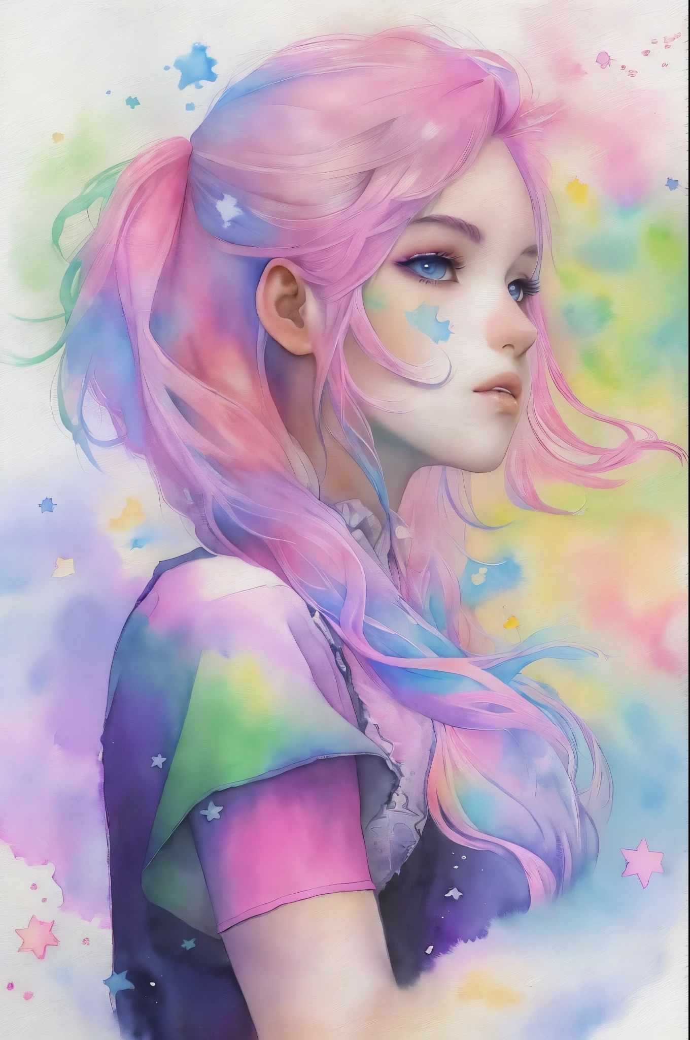 (masterpiece, top quality, best quality,watercolor (medium),official art, beautiful and aesthetic:1.2),(1girl:1.3), (fractal art:1.3),upper body, from side, looking at viewer,patterns,(rainbow color Hair,colorful hair,half blue and half pink hair:1.2),water,liquid, cloud,colorful, starry,stars,