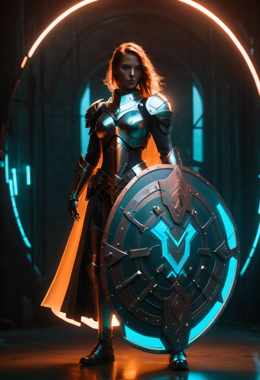 Medieval knight holding large shield，cyberpunk，Holographic projection，fault art，mechanical aesthetics，neon lights，laser light，fluorescence，glow effect，liquid metal，Copper plate engraving，Unreal Engine