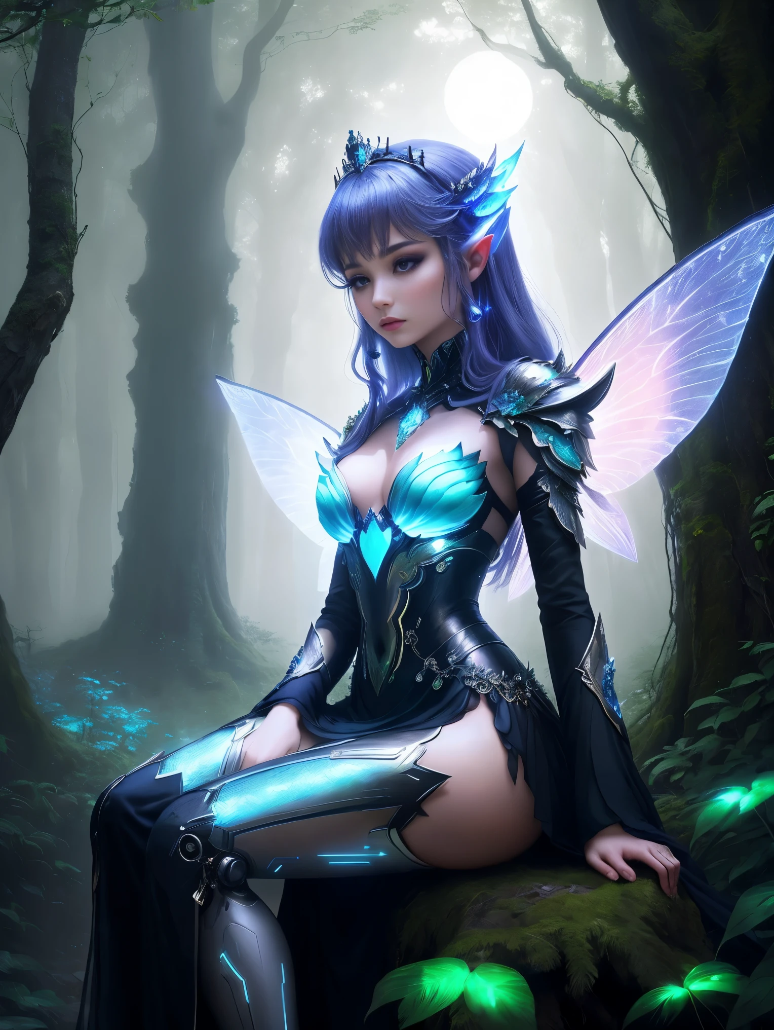  “Imagine a scene in an enchanted, futuristic forest where a cyborg fairy princess resides. She is a mesmerizing blend of delicate fairy beauty and advanced cybernetics. Her wings, a stunning lattice of bioluminescent fibers and micro-engineered metal, shimmer with iridescent colors, casting soft glows on the surroundings. Her attire is a fusion of royal elegance and high-tech armor, adorned with glowing gemstones and intricate circuit patterns. The forest is alive with both natural and digital life – trees with holographic leaves, flowers emitting soft LED lights, and tiny robotic creatures flitting around. The fairy princess is perched gracefully on a throne made of intertwining natural vines and sleek metal, her expression one of serene authority, reflecting her role as a guardian of both nature and technology. The atmosphere is magical yet subtly futuristic, with the forest bathed in the ethereal light of a binary moon, creating a scene that is both otherworldly and captivating.” Masterpiece, UHD.