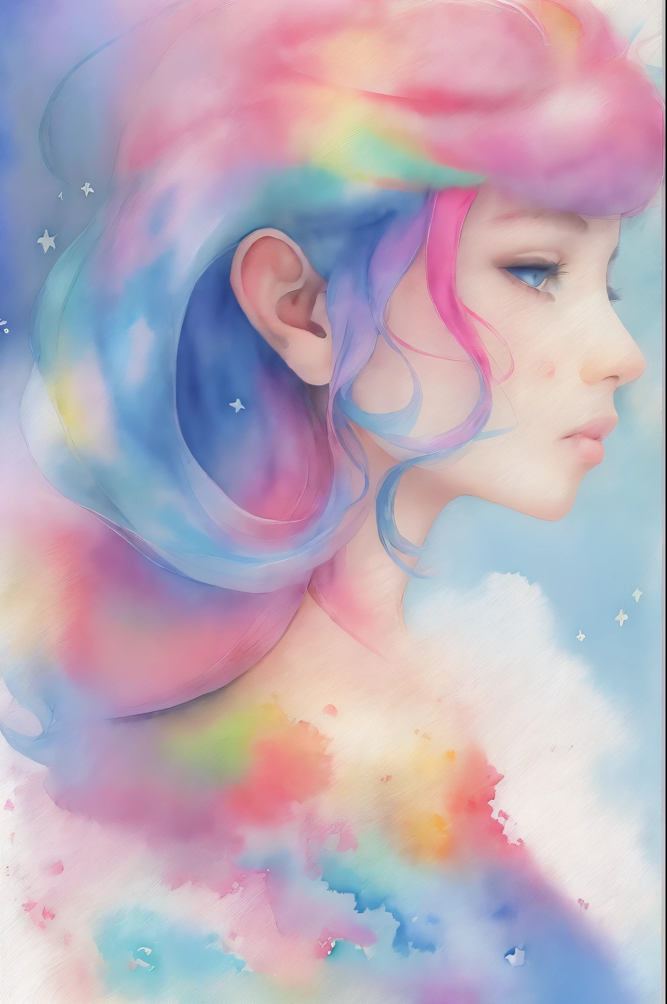 (masterpiece, top quality, best quality,watercolor (medium),official art, beautiful and aesthetic:1.2),(1girl:1.3), (fractal art:1.3),upper body, from side, looking at viewer,patterns,(rainbow color Hair,colorful hair,half blue and half pink hair:1.2),water,liquid, cloud,colorful, starry,stars,