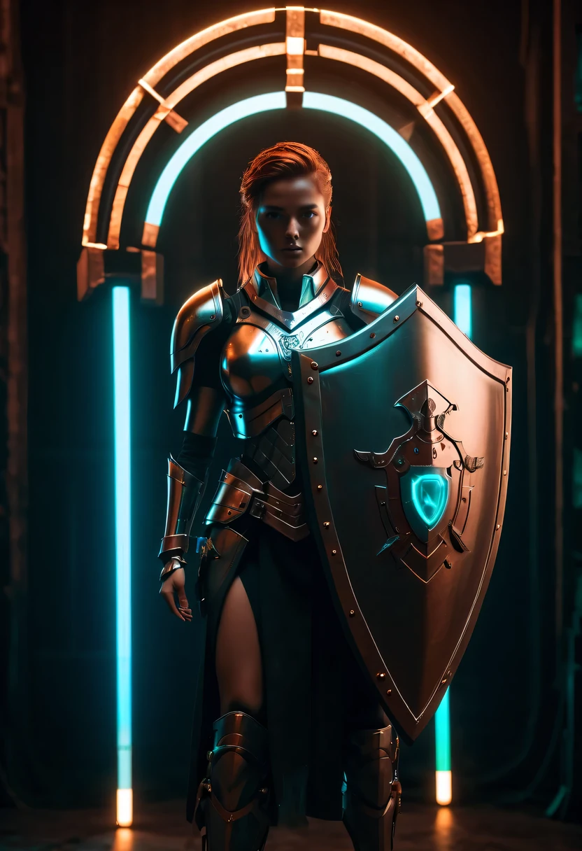 Medieval knight holding large shield，cyberpunk，Holographic projection，fault art，mechanical aesthetics，neon lights，laser light，fluorescence，glow effect，liquid metal，Copper plate engraving，Unreal Engine