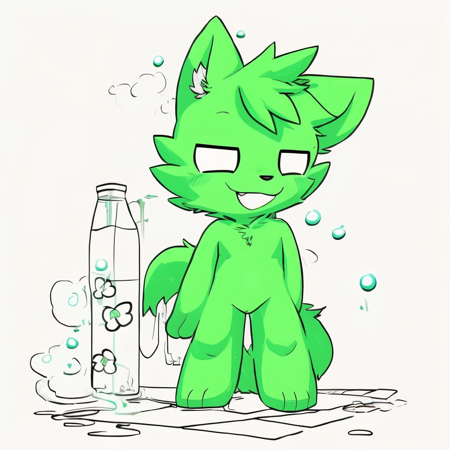 A male light white cub, gooey green paws, blue slime on paws,slime between paws, slime on fur, slime in mouth, white collar drooling, blushing, kneeling, submissive.