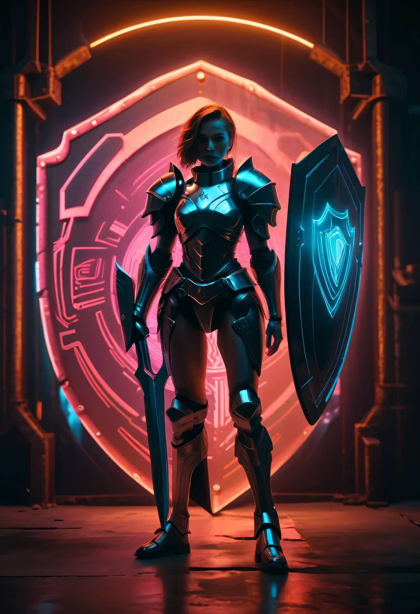 Future female knight holding a large shield,Legendary Metal Shield,cyberpunk,Holographic projection,fault art,mechanical aesthetics,neon lights,laser light,fluorescence,glow effect,liquid metal,Copper plate engraving,Unreal Engine
