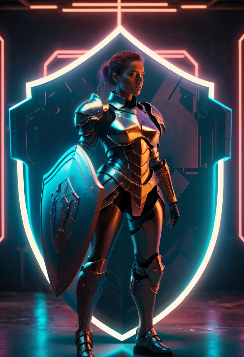 Future female knight holding a large shield，cyberpunk，Holographic projection，fault art，mechanical aesthetics，neon lights，laser light，fluorescence，glow effect，liquid metal，Copper plate engraving，Unreal Engine