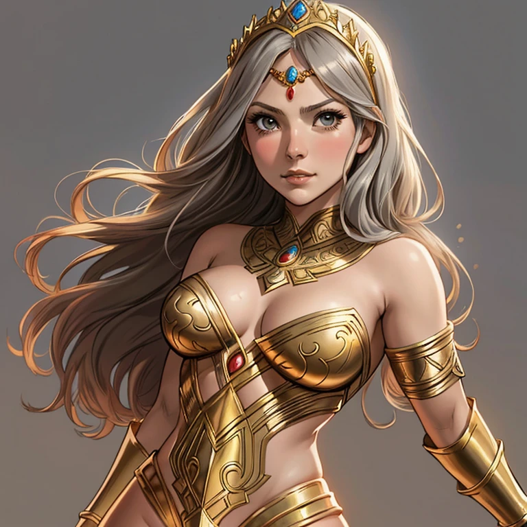 DC Comics, (emote:1), Eloise Mumford dressed as Dejah Thoris, by Frank cho and HR Geiger, barsoom, (sexy), ornate diadem, nearly naked, (1girl:1), (head shot:1.1), (dramatically sad), Gray background, one girl