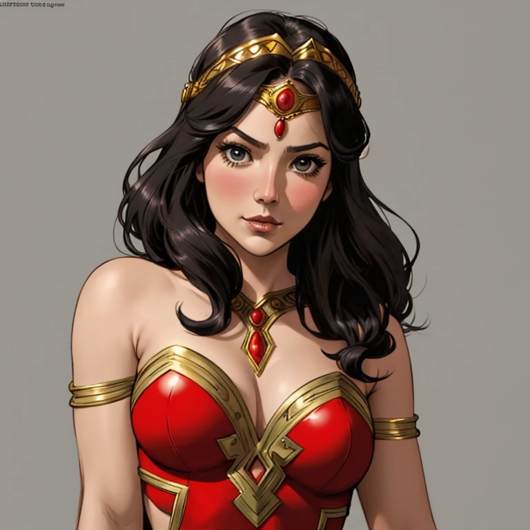 DC Comics, (emote:1), Eloise Mumford dressed as Dejah Thoris, by Frank cho and HR Geiger, barsoom, (sexy), ornate diadem, nearly naked, (1girl:1), (head shot:1.1), (dramatically sad), Gray background, one girl