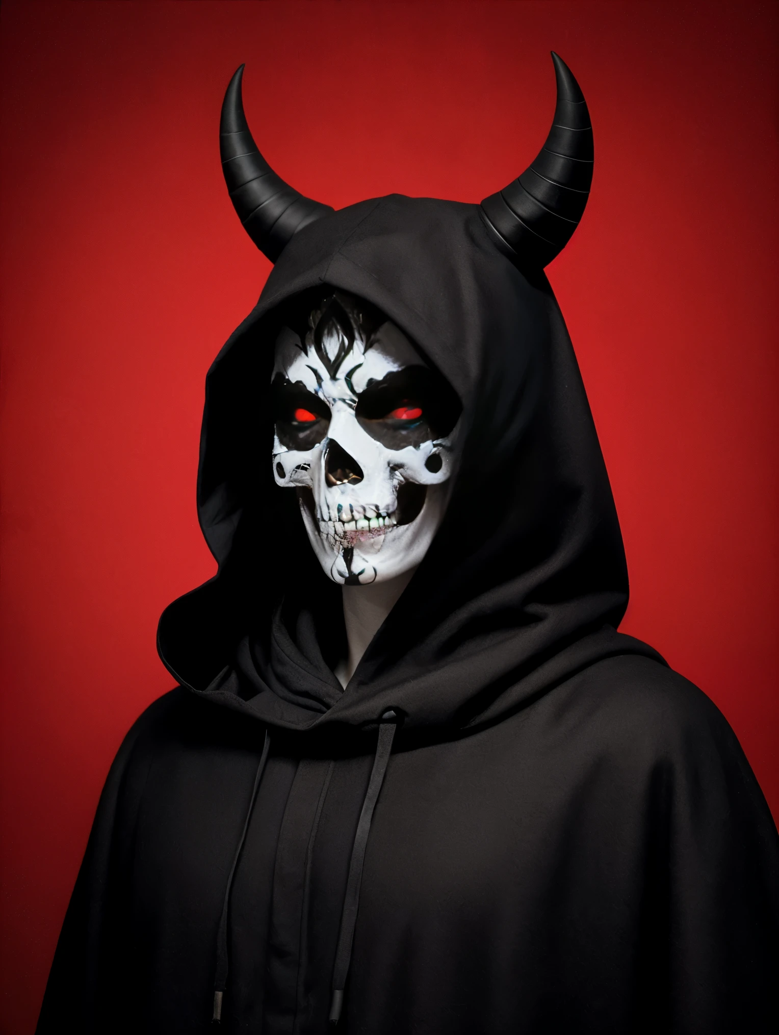 Create a highly detailed 3D digital art piece of a demon figure with a black skull for a face. The skull is ornately decorated with an elaborate pointy and demonic filigree design, featuring intricate patterns and motifs that cover the entire surface and demon horns. The skull’s eye sockets should be deep and blood should be faalling from them, and house glowing, realistic blood red eyes that convey a sense of wisdom and mystery. The figure wears a hooded cloak that drapes gracefully, with the same filigree design continuing down the garment. The overall color palette is monochromatic with shades of black and blood red, accentuating the details of the filigree and giving the image an ethereal and otherworldly quality. The background is minimal to keep the focus on the figure, subtly hinting at a demonic and otherworldly landscape