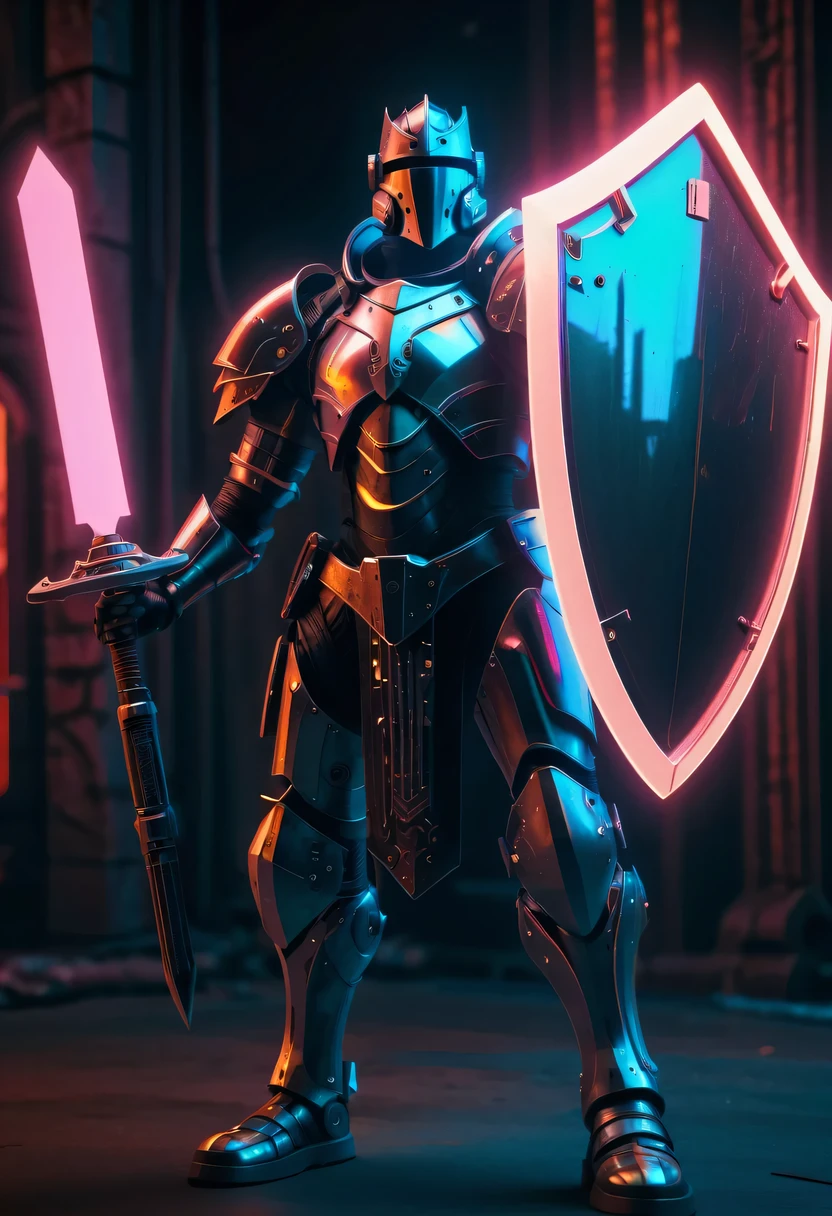 Future knight holding big shield，cyberpunk，Holographic projection，fault art，mechanical aesthetics，neon lights，laser light，fluorescence，glow effect，liquid metal，Copper plate engraving，Unreal Engine