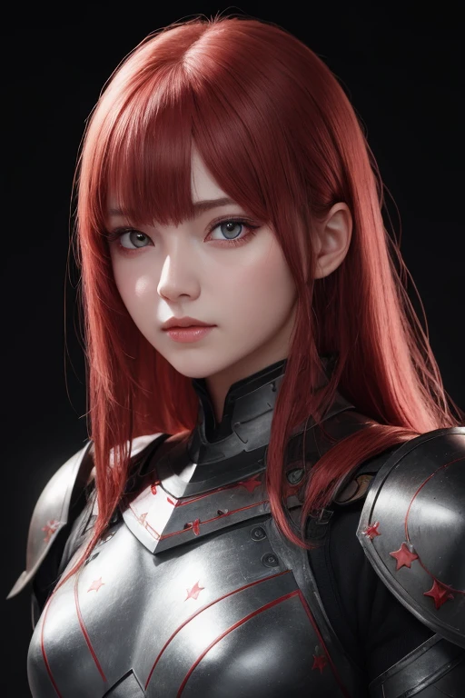 1girl, star eye, wear armor war, blush, perfect illumination, red hair, red eyes, unreal engine, sidelighting, detailed face, bangs, bright skin, simple background, dark background,