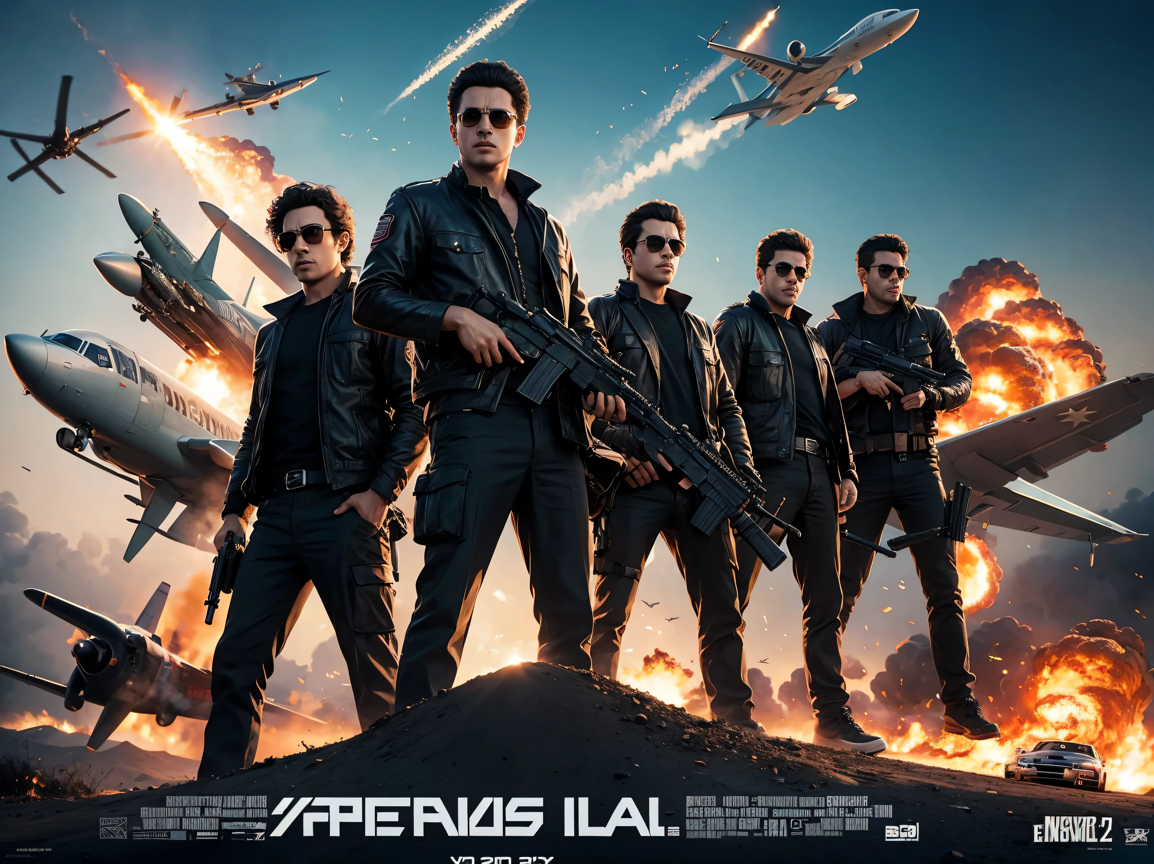 Explendables movie poster, eight cool guys, explosions, guns, cars, planes