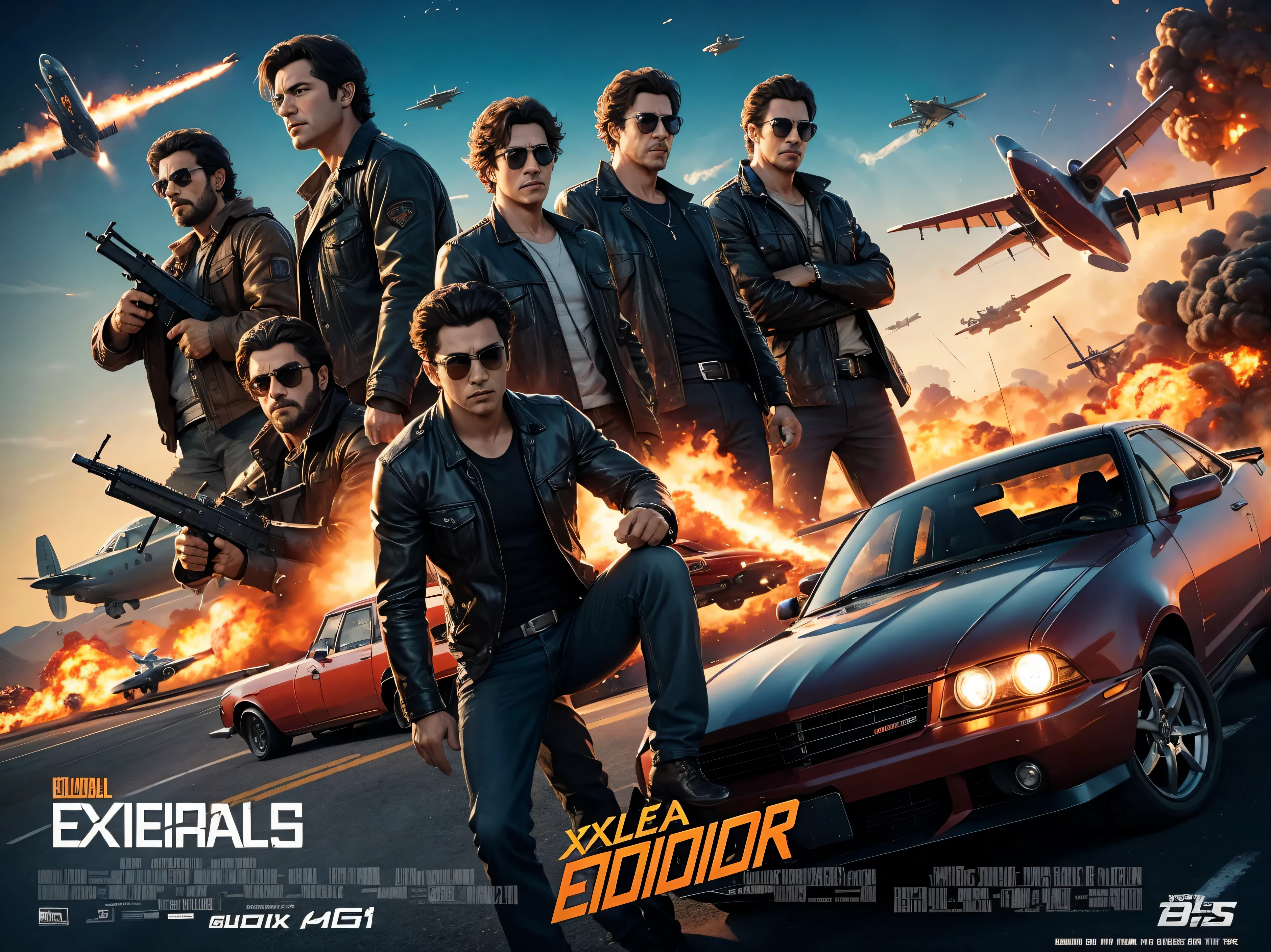 Explendables movie poster, eight cool guys, explosions, guns, cars, planes