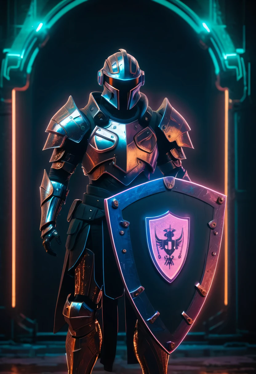 Medieval knight holding large shield，cyberpunk，Holographic projection，fault art，mechanical aesthetics，neon lights，laser light，fluorescence，glow effect，liquid metal，Copper plate engraving，Unreal Engine