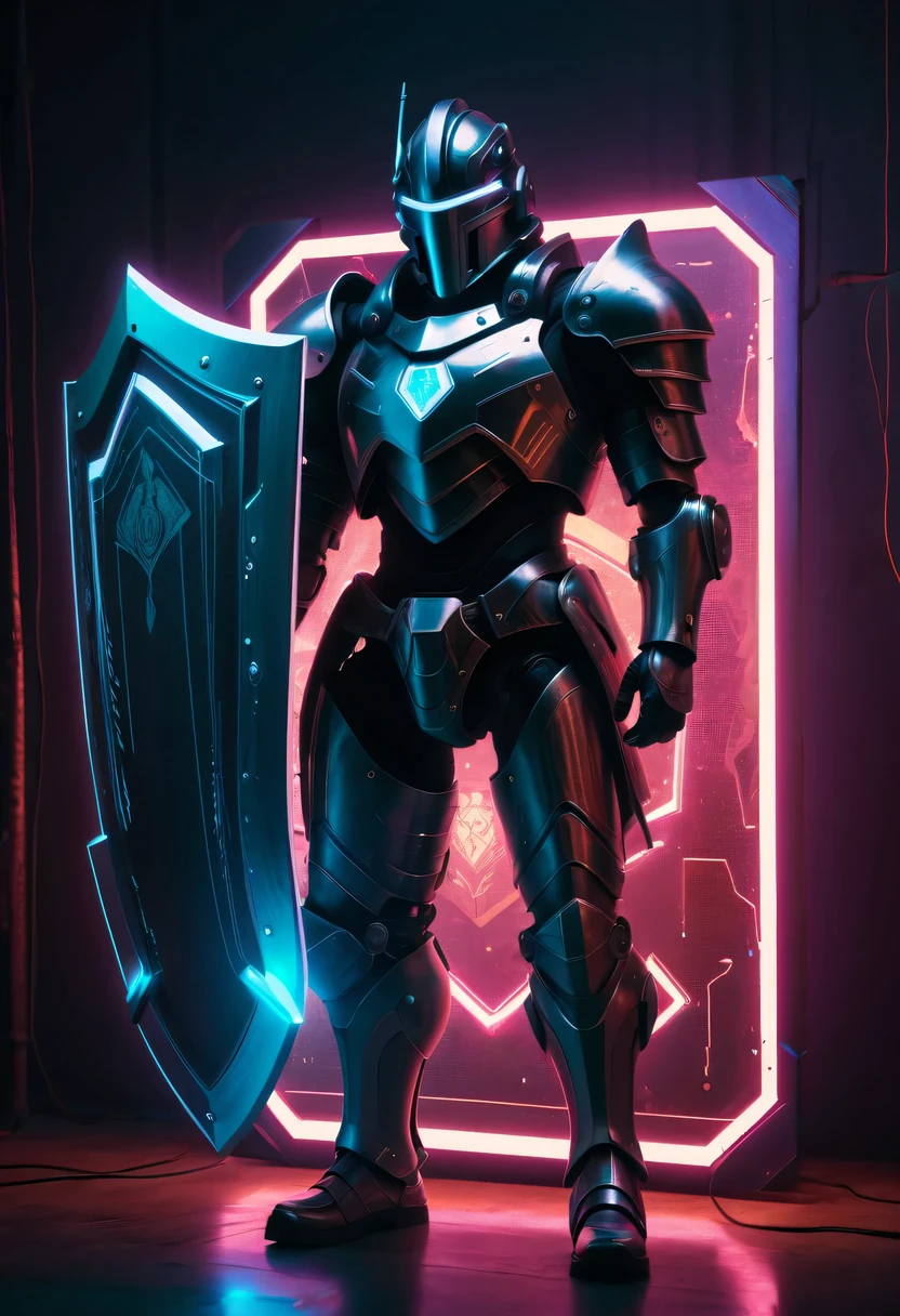 Future knight holding big shield，cyberpunk，Holographic projection，fault art，mechanical aesthetics，neon lights，laser light，fluorescence，glow effect，liquid metal，Copper plate engraving，Unreal Engine