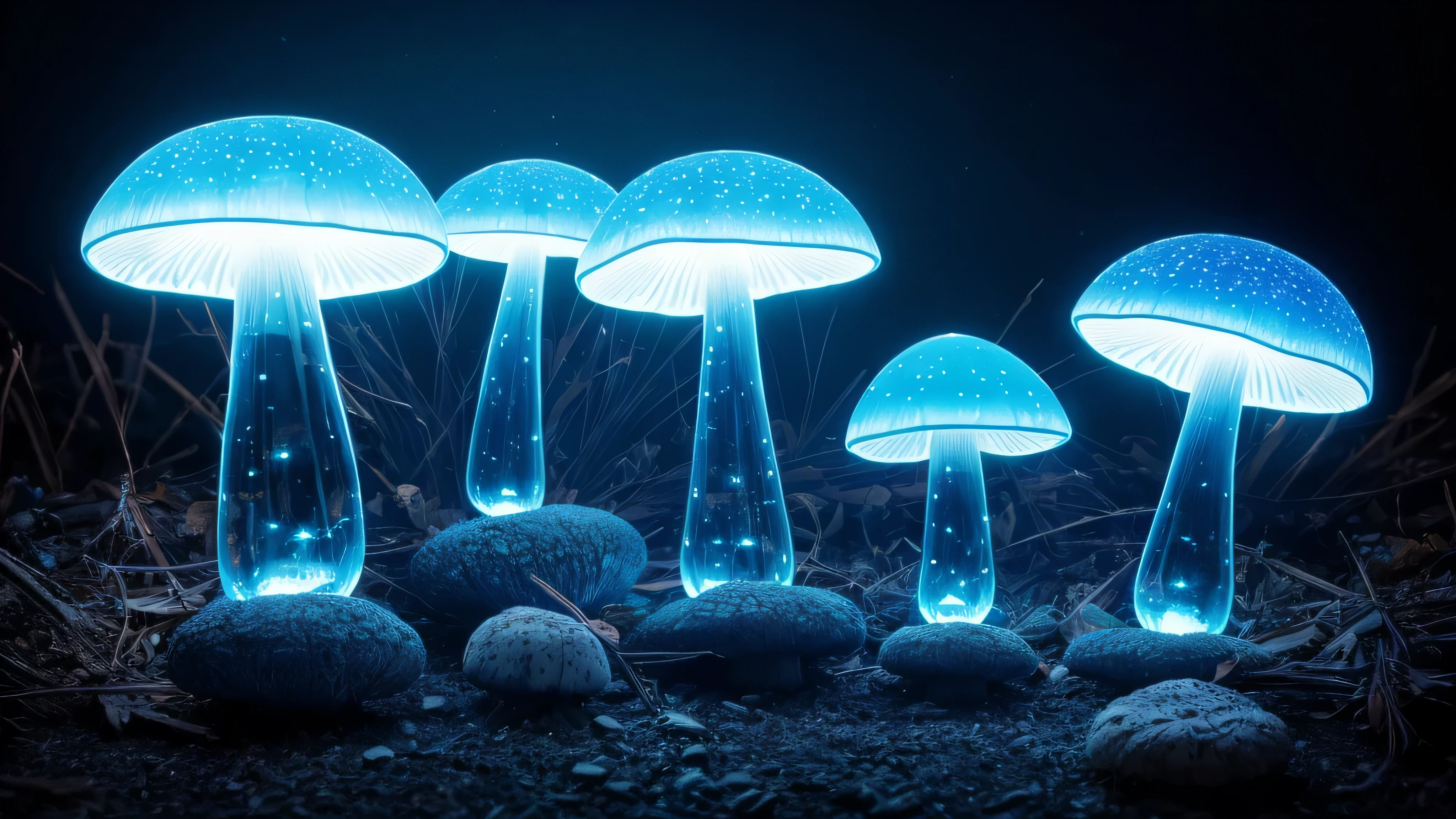 Large 3d bioluminescent magic giant mushrooms from a fairy tale, blue transparent gradient, grow on the window,a lot of sparks,in the background the sky is dark blue with stars , magic world,distant haze and fog, High image detail, focusing, High Quality 8K, high contrast, ultra HD 8Kf/45 mm, ultra HD 8K