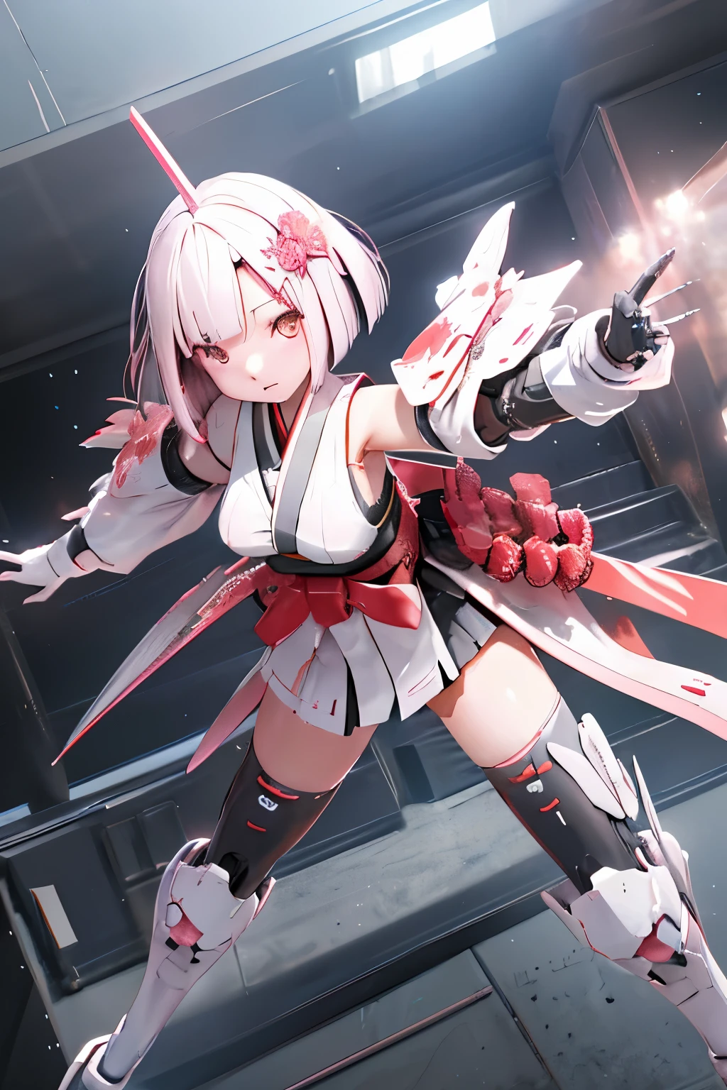 (highest quality)), ((masterpiece)), (very detailed: 1.3), 3D, {(japanese young girl)}, white theme, (ware a scarlet hakama:1.2), wear shrine maiden anime costume, (She is fused with futuristic Gundam mecha:1.2), with headgear, with v-fin , armored shoulders,armored under arms, armored under legs, (holding a Japanese sword in the right hand:1.2), multilayer textureperfect proportions, octane rendering, duotone lighting, Low ISO, wide aperture, White balance, Rule of thirds, ultra HD16k, HDR (High Dynamic Range), Ray Tracing, NVIDIA RTX, Super Resolution, Subsurface Scattering, PBR Texturing, Post Processing, Anisotropic Filtering, Depth of Field, Maximum Clarity and Clarity, High efficiency subpixel, subpixel convolution, particles of light, light scattered, Tyndall effect, full body:1.5, battle pose, cute, (cute:1.2), (bob cut:1.3),三つ編み, 黒髪, 太い眉毛, 薄い色の虹彩, 大きくて輝いている黒い瞳, 長いまつげ, 小さく薄い色の自然な唇, (Average face of Japanese idols), (日本人特有の童顔:1.3), (baby face), 広いおでこ:1.2, ふっくらした頬, 小さな顎, visible side boob, broken streets, Broken City,looking at viewer,Focus on the eyes