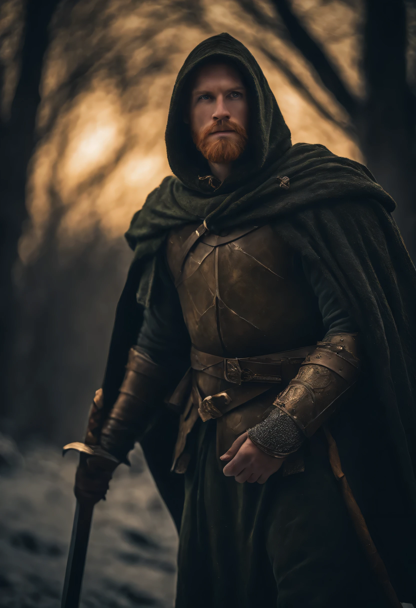 mysterious middle aged human male, short ginger hair, short ginger beard, scarred face, scars, detailed dark green eyes high details, grey scale armor, dark hooded cloak, dark fantasy, cinematic shot, yellow glow, frozen tundra background, medieval, masterpiece, all in a dark fantasy artstyle