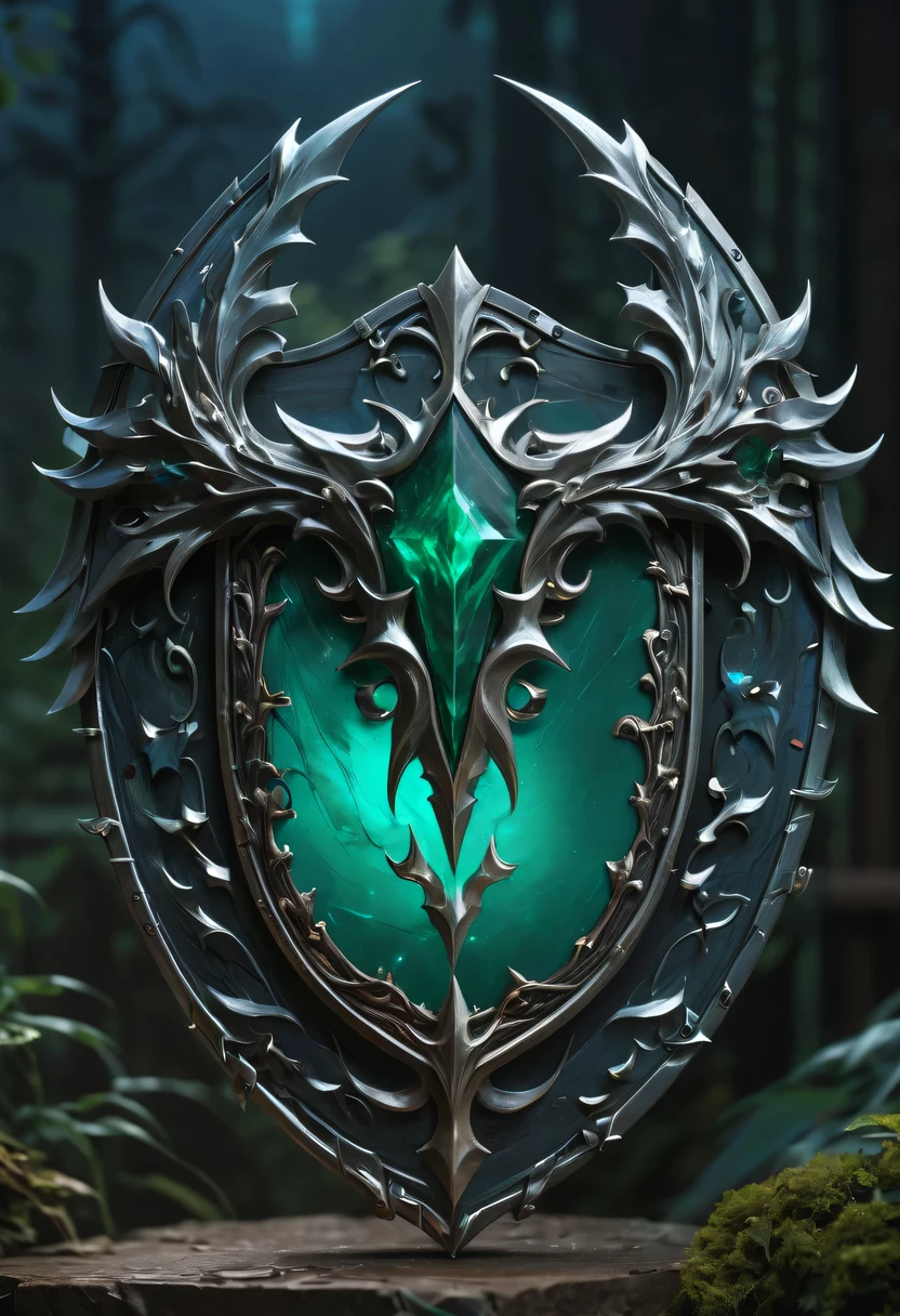 metallic shield,传奇metallic shield,荣耀metallic shield,metallic shield,heavy metal style,metal art,Full metallic luster,Metal texture in the post-industrial era,Alloy wire crafts,crystal,Emerald inlay,well-built,Perfect craftsmanship,Magic lightning background,blue lightning,There are fairies,dark fantasy art,dark fantasy concept art,bloodline concept art,dark concept art,Diablo digital concept art,dark fantasy art style,lineage art,写实dark concept art,dark fantasy art,Onmyoji detail art,Ominous fantasy illustration,(best quality,4K,8k,high resolution,masterpiece:1.2),Super detailed,(actual、Reality、Reality:1.37),landscape、Science fiction、photography、concept artist、high dynamic range、ultra high definition、studio lighting、Super fine、sharp focus、Physical rendering、extremely detailed description、main、bright colors、Bokeh。