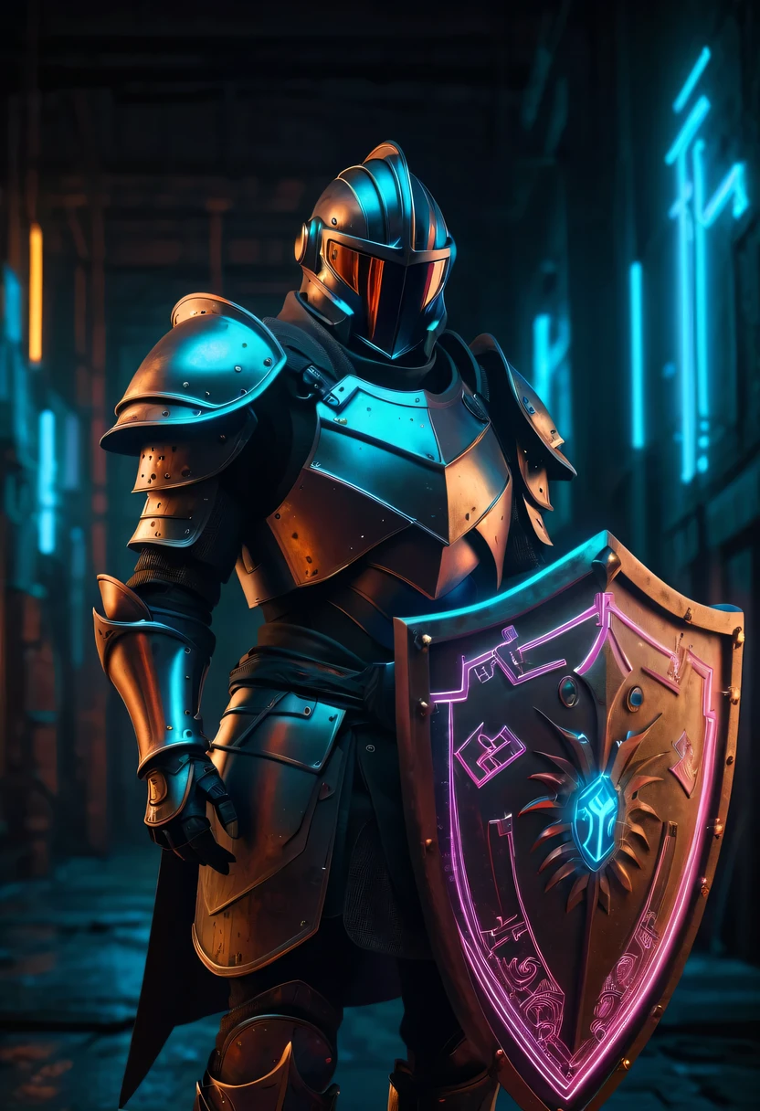 Medieval knight holding large shield，cyberpunk，Holographic projection，fault art，mechanical aesthetics，neon lights，laser light，fluorescence，glow effect，liquid metal，Copper plate engraving，Unreal Engine