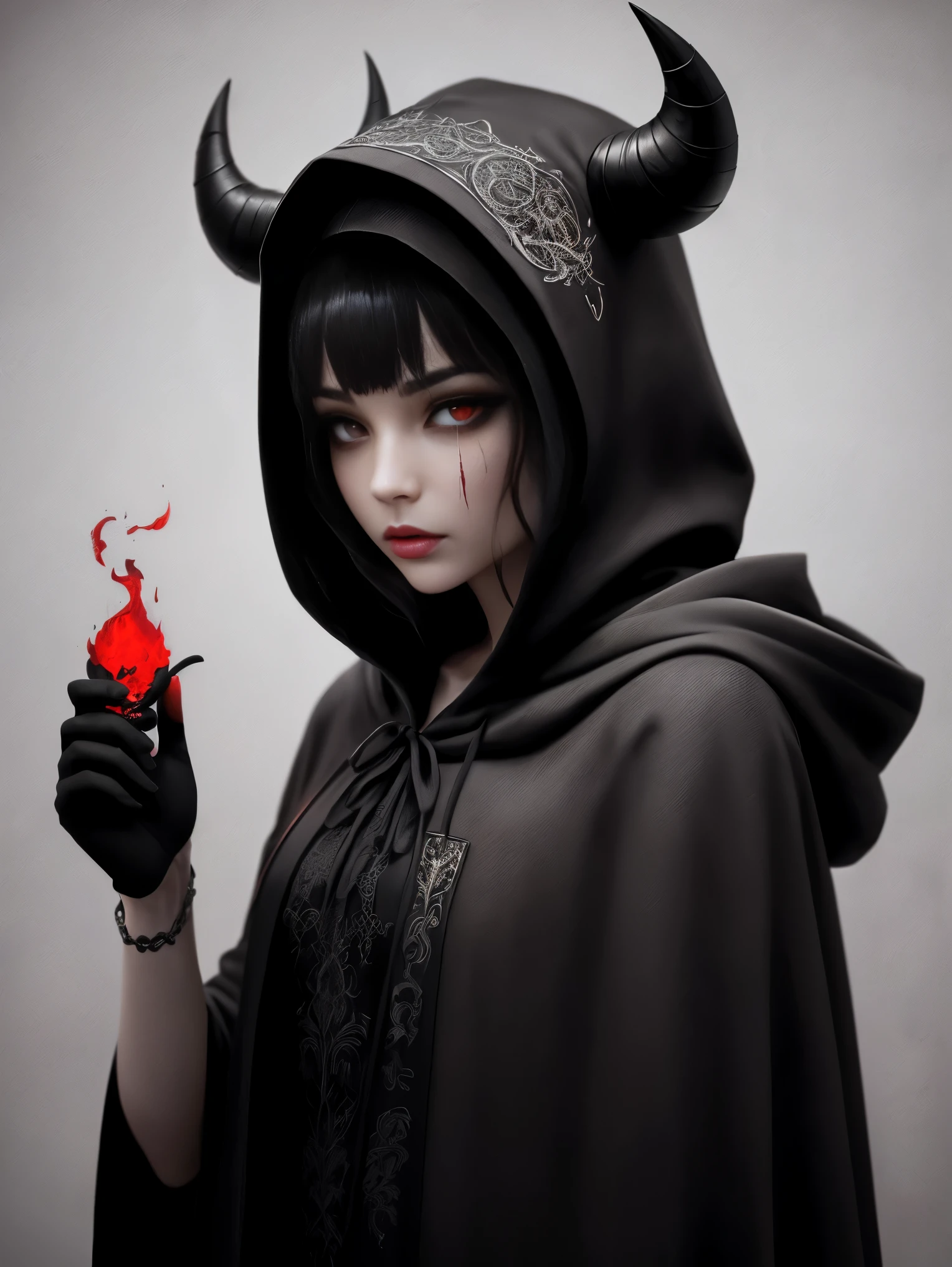 Create a highly detailed 3D digital art piece of a demon figure with a black skull for a face. The skull is ornately decorated with an elaborate pointy and demonic filigree design, featuring intricate patterns and motifs that cover the entire surface and demon horns. The skull’s eye sockets should be deep and blood should be faalling from them, and house glowing, realistic blood red eyes that convey a sense of wisdom and mystery. The figure wears a hooded cloak that drapes gracefully, with the same filigree design continuing down the garment. The overall color palette is monochromatic with shades of black and blood red, accentuating the details of the filigree and giving the image an ethereal and otherworldly quality. The background is minimal to keep the focus on the figure, subtly hinting at a demonic and otherworldly landscape