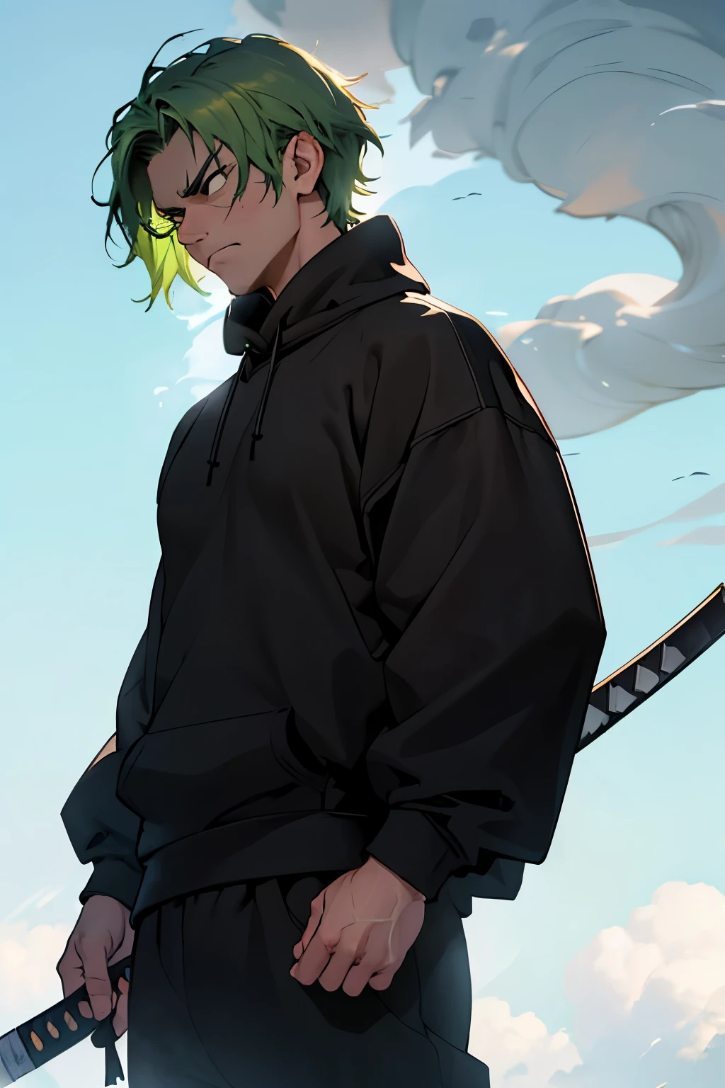 4K, Super Graphics, boy, One, green hair, short hair, hair combed back, angry face, Frowning, Broad-shouldered, (black sweatshirt:1.4), (Steam from the mouth:1.4), (Katana), full length, (von Tokyo), The magic of the air, The magic of the wind