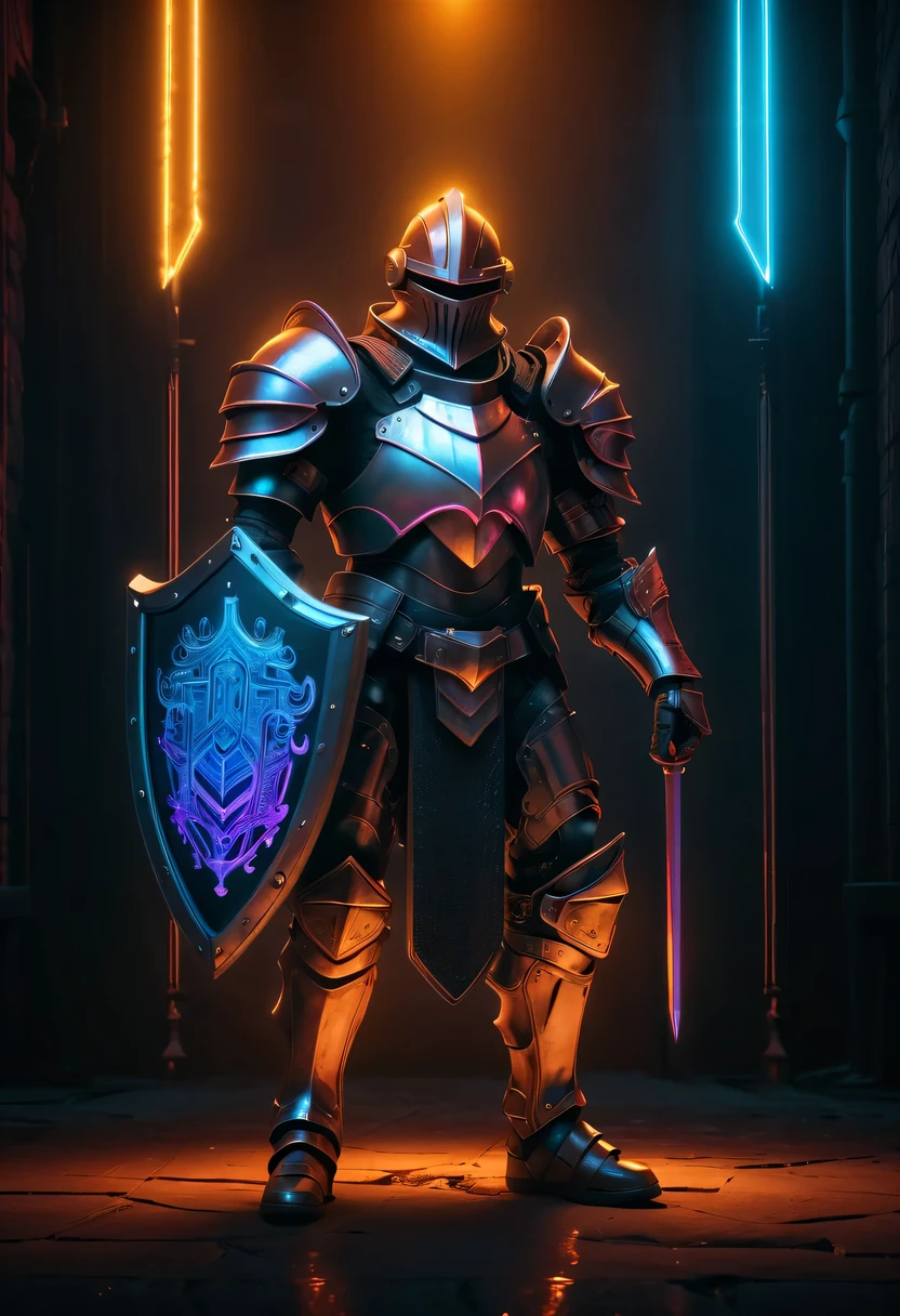 Medieval knight holding large shield，cyberpunk，Holographic projection，fault art，mechanical aesthetics，neon lights，laser light，fluorescence，glow effect，liquid metal，Copper plate engraving，Unreal Engine