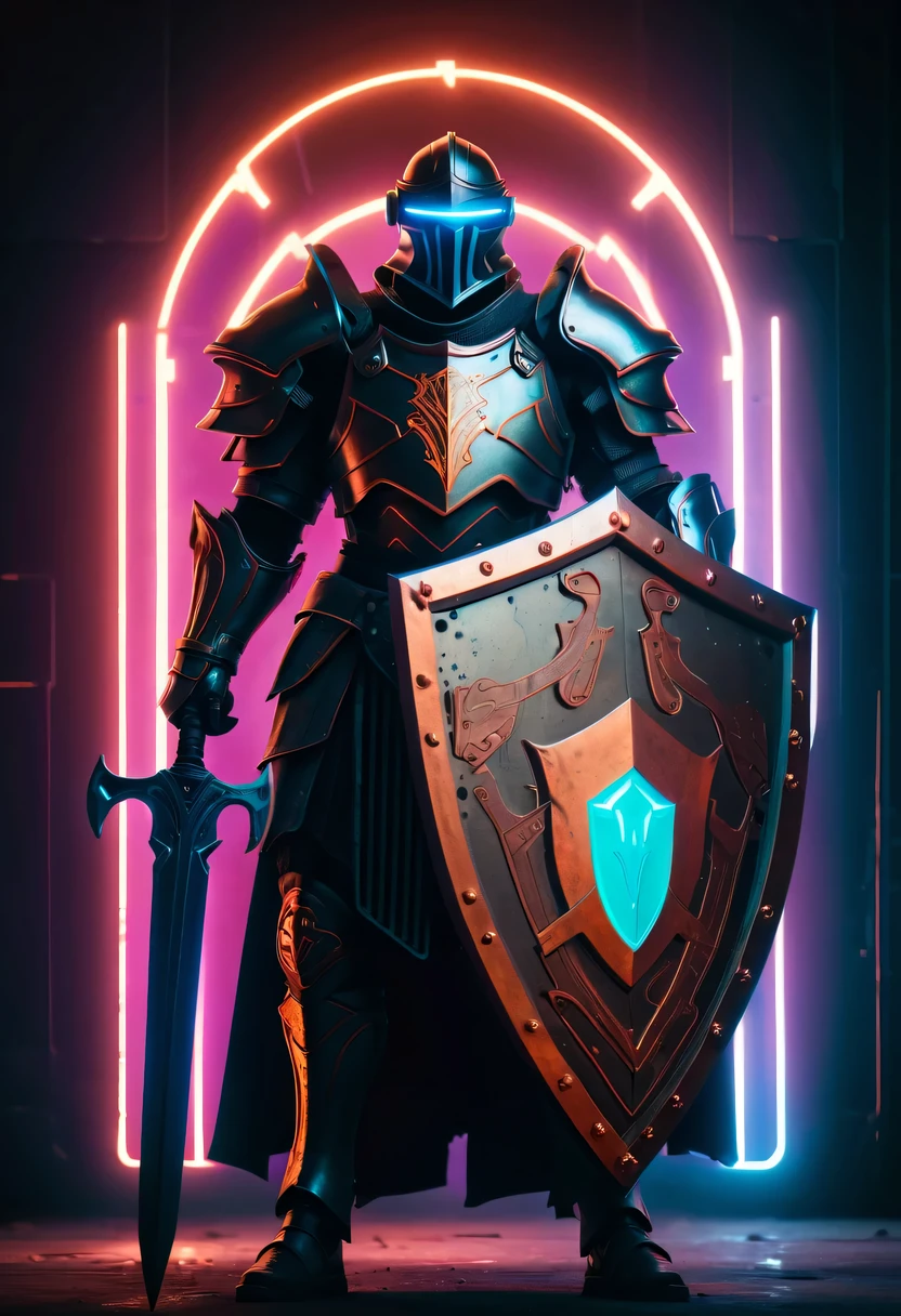 Medieval knight holding large shield，cyberpunk，Holographic projection，fault art，mechanical aesthetics，neon lights，laser light，fluorescence，glow effect，liquid metal，Copper plate engraving，Unreal Engine