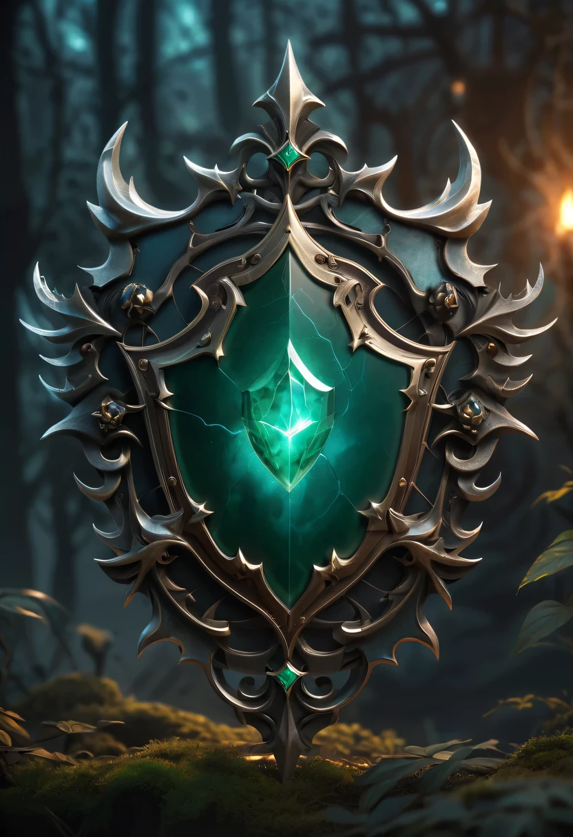 metallic shield，传奇metallic shield，荣耀metallic shield，metallic shield，heavy metal style，metal art，Full metallic luster，Metal texture in the post-industrial era，Alloy wire crafts，crystal，Emerald inlay，well-built，Perfect craftsmanship，Magic lightning background，blue lightning，There are fairies，dark fantasy art，dark fantasy concept art，bloodline concept art，dark concept art，Diablo digital concept art，dark fantasy art style，lineage art，写实dark concept art，dark fantasy art，Onmyoji detail art，Ominous fantasy illustration，（best quality，4K,8k,high resolution,masterpiece:1.2），Super detailed，（actual、Reality、Reality:1.37），landscape、Science fiction、photography、concept artist、high dynamic range、ultra high definition、studio lighting、Super fine、sharp focus、Physical rendering、extremely detailed description、main、bright colors、Bokeh。