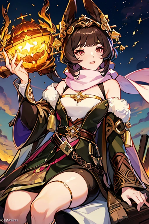 (Masterpiece: 1.5, best quality, high resolution: 1.3, super resolution, super detailed, ultra detailed: 1.3, rich background: 1.2, 1 woman)) brown skin + black hair + short fluffy hair + pink eyes + long eyelashes + fringe covering one of her eyes + feminine body + defined figure + small chest + wide hips + thick thighs + tall stature (large coat with fluff on the hood, thick belt, long pants, intricate boots, long scarf, harness on her leg, accessories on the ears intricate details, vision pyro hanging from her hip) ((cheerful expression, sitting next to a bonfire, winter landscape in the background) (colors of clothing and accessories: white, black, cream, gold, green, pink)