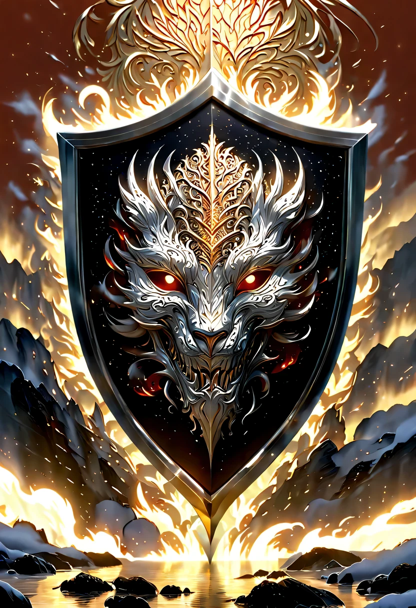 (8k, 16k, Award-winning, best quality, highest resolution, Super details, high detail, anatomically correct, masterpiece, stunning beauty), (金属shield: 1.3), 藤蔓内的智能shield , shield, Detail decoration, Snowflake carving, exquisite craftsmanship , Legendary shields, Rare and precious, intricate details, 智能shield由一种叫做山铜的金属制成, There are no gemstones, (Ancient characters are engraved on the inside of the shield: 1.2), Impeccable, platinum, white, Gold and silver, Trapped in a world of vines.