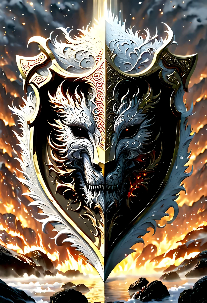 (8k, 16k, Award-winning, best quality, highest resolution, Super details, high detail, anatomically correct, masterpiece, stunning beauty), (金属shield: 1.3), 火焰内的魔法shield , shield, Detail decoration, Snowflake carving, exquisite craftsmanship , Legendary shields, Rare and precious, intricate details, 魔法shield由一种叫做山铜的金属制成, There are no gemstones, (Ancient characters are engraved on the inside of the shield: 1.2), Impeccable, platinum, white, Gold and silver, Trapped in a world of fire.