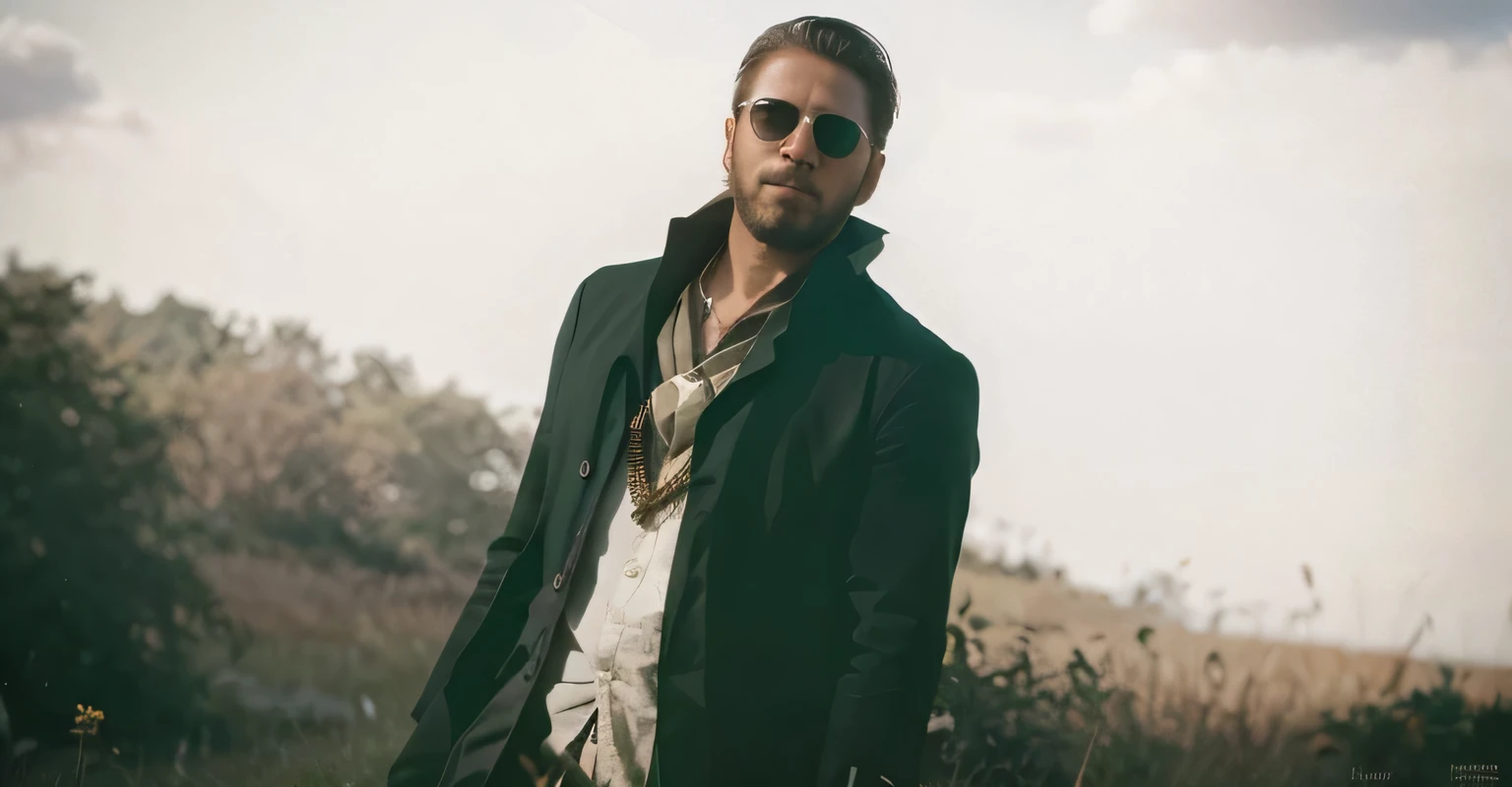 there is a man with a beard and sunglasses standing in a field, thancred waters in style of wlop, inspired by Andor Basch, inspired by Allan Linder, full body:: sunny weather::, stylish pose, sun behind him, tumblr, maxwell render, handsome, inspired by Willy Finch, beautiful man, inspired by Paul Dirmeikis, handsome man