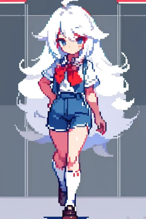 Top works，highest  quality，pix，pixelart，boy，pixel art, femboy, white colored hair, Short shorts, худи, long socks, tousled hair, Detachable hair, embarrassed, red cheeks, lean, cute, Handsome，The upper part of the body