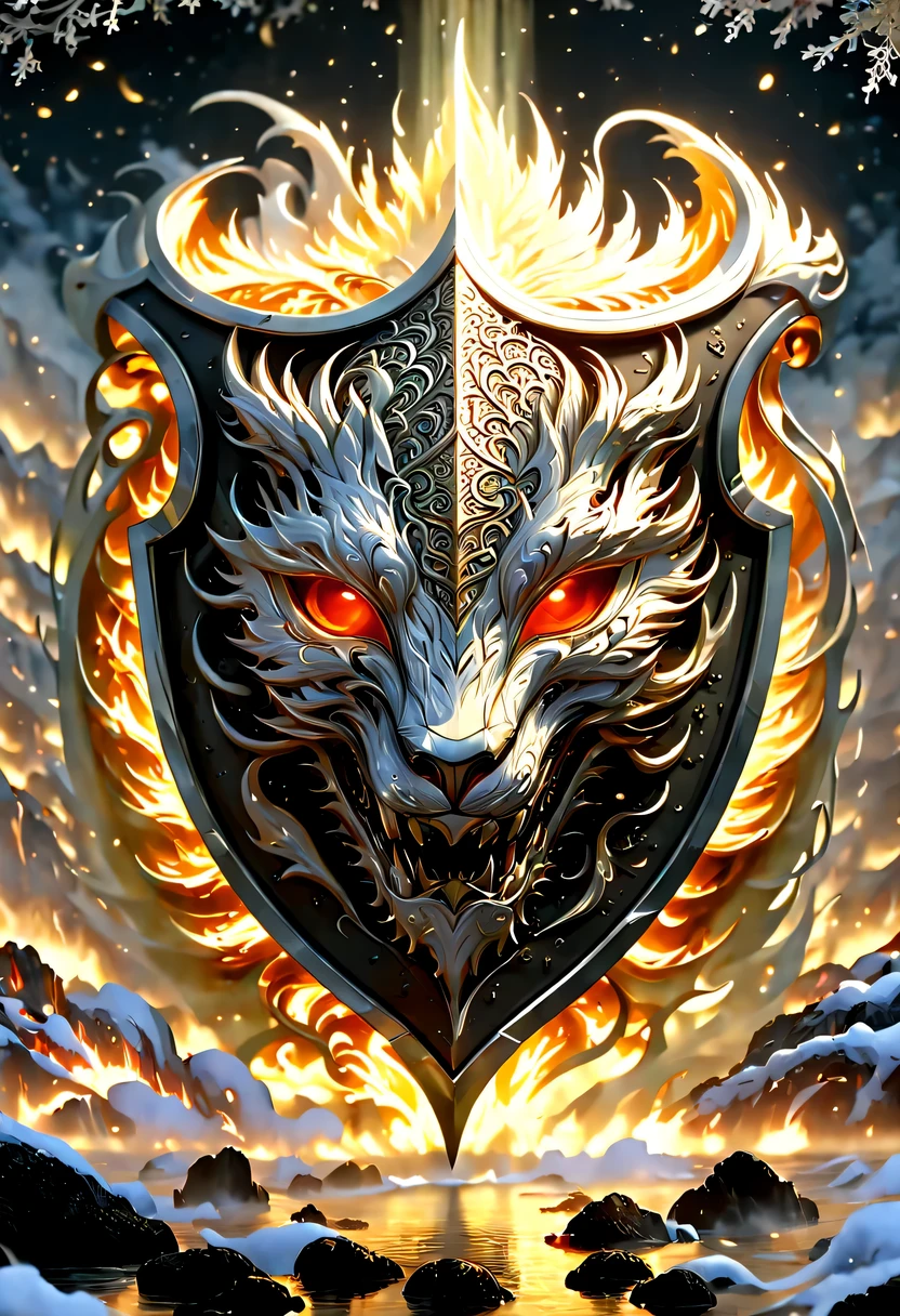 (8k, 16k, Award-winning, best quality, highest resolution, Super details, high detail, anatomically correct, masterpiece, stunning beauty), (金属shield: 1.3), 火焰内的魔法shield , shield, Detail decoration, Snowflake carving, exquisite craftsmanship , Legendary shields, Rare and precious, intricate details, 魔法shield由一种叫做山铜的金属制成, There are no gemstones, (Ancient characters are engraved on the inside of the shield: 1.2), Impeccable, platinum, white, Gold and silver, Trapped in a world of fire.