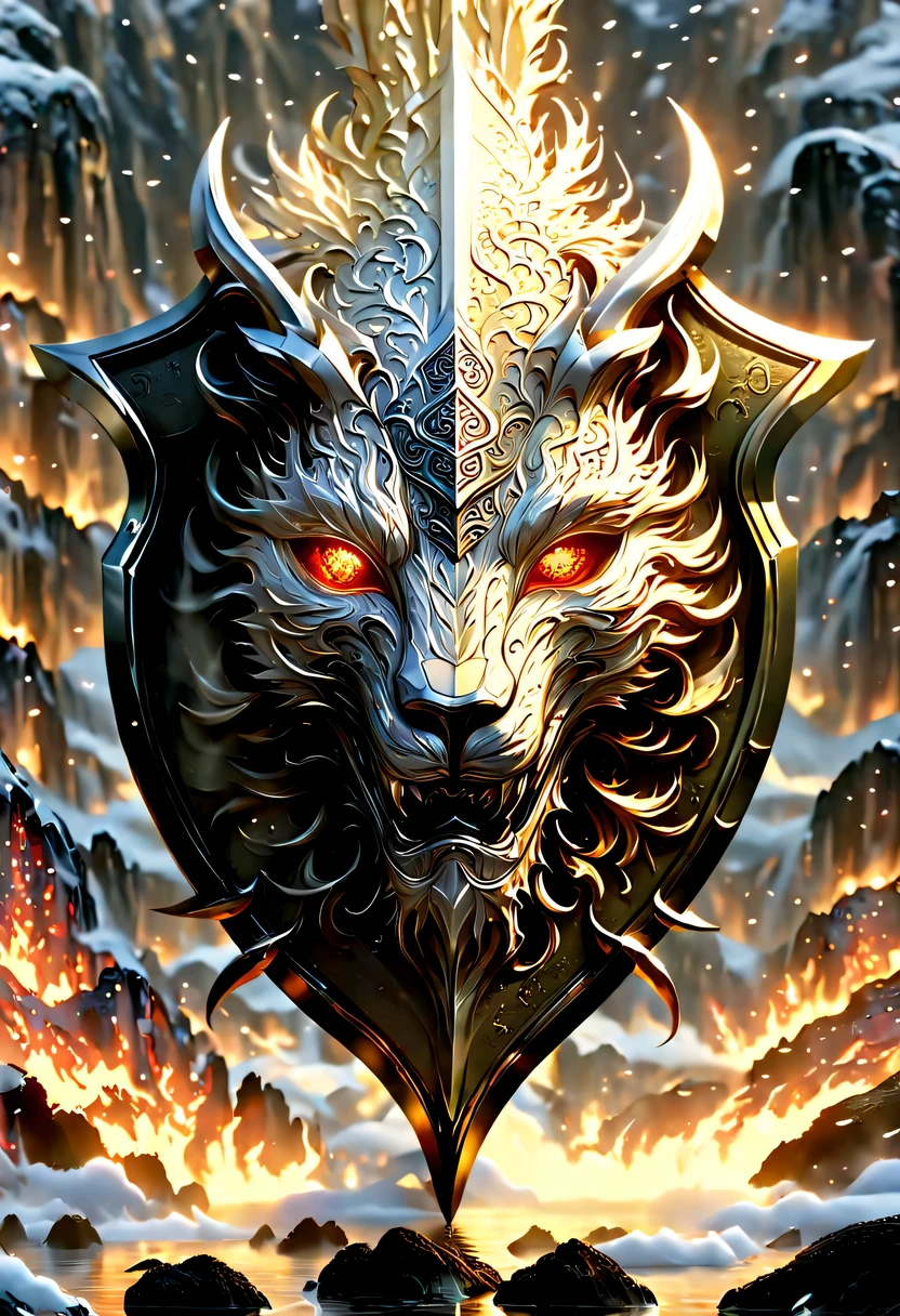 (8k, 16k, Award-winning, best quality, highest resolution, Super details, high detail, anatomically correct, masterpiece, stunning beauty), (金属shield: 1.3), 火焰内的魔法shield , shield, Detail decoration, Snowflake carving, exquisite craftsmanship , Legendary shields, Rare and precious, intricate details, 魔法shield由一种叫做山铜的金属制成, There are no gemstones, (Ancient characters are engraved on the inside of the shield: 1.2), Impeccable, platinum, white, Gold and silver, Trapped in a world of fire.
