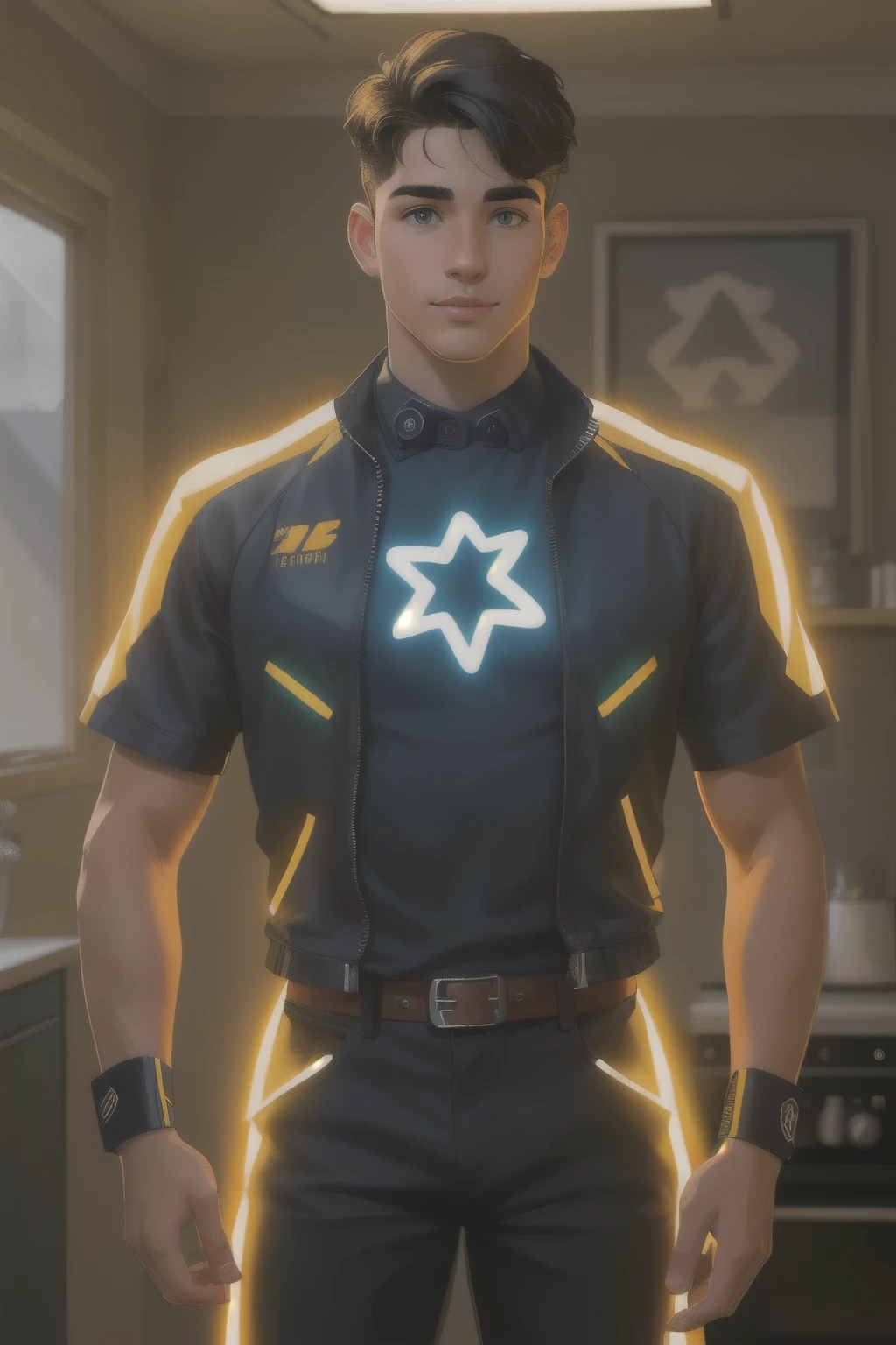 Realistic male character in his 20s, living in 2050, wearing a digital electric costume