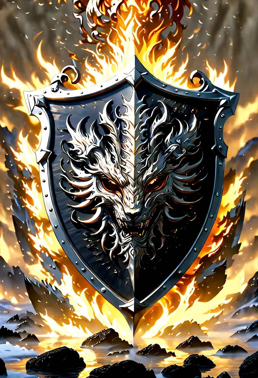 (8k, 16k, Award-winning, best quality, highest resolution, Super details, high detail, anatomically correct, masterpiece, stunning beauty), (金属shield: 1.3), 藤蔓内的智能shield , shield, Detail decoration, Snowflake carving, exquisite craftsmanship , Legendary shields, Rare and precious, intricate details, 智能shield由一种叫做山铜的金属制成, There are no gemstones, (Ancient characters are engraved on the inside of the shield: 1.2), Impeccable, platinum, white, Gold and silver, Trapped in a world of vines.