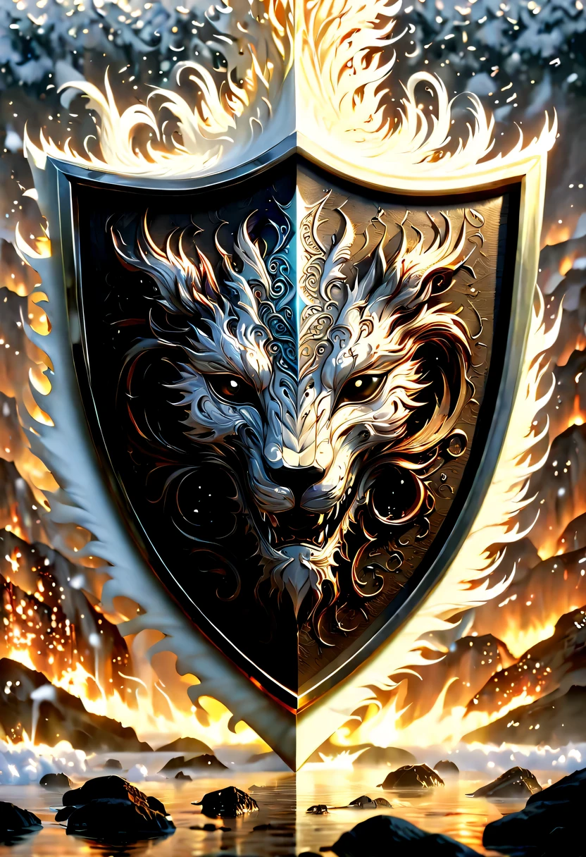 (8k, 16k, Award-winning, best quality, highest resolution, Super details, high detail, anatomically correct, masterpiece, stunning beauty), (金属shield: 1.3), 火焰内的魔法shield , shield, Detail decoration, Snowflake carving, exquisite craftsmanship , Legendary shields, Rare and precious, intricate details, 魔法shield由一种叫做山铜的金属制成, There are no gemstones, (Ancient characters are engraved on the inside of the shield: 1.2), Impeccable, platinum, white, Gold and silver, Trapped in a world of fire.