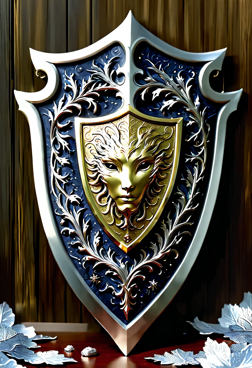 (8k, 16k, Award-winning, best quality, highest resolution, Super details, high detail, anatomically correct, masterpiece, stunning beauty), (金属shield: 1.3), 藤蔓内的智能shield , shield, Detail decoration, Snowflake carving, exquisite craftsmanship , Legendary shields, Rare and precious, intricate details, 智能shield由一种叫做山铜的金属制成, There are no gemstones, (Ancient characters are engraved on the inside of the shield: 1.2), Impeccable, platinum, white, Gold and silver, Trapped in a world of vines.