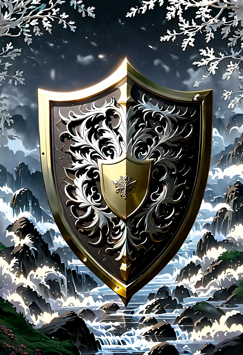 (8k, 16k, Award-winning, best quality, highest resolution, Super details, high detail, anatomically correct, masterpiece, stunning beauty), (金属shield: 1.3), 藤蔓内的智能shield , shield, Detail decoration, Snowflake carving, exquisite craftsmanship , Legendary shields, Rare and precious, intricate details, 智能shield由一种叫做山铜的金属制成, There are no gemstones, (Ancient characters are engraved on the inside of the shield: 1.2), Impeccable, platinum, white, Gold and silver, Trapped in a world of vines.