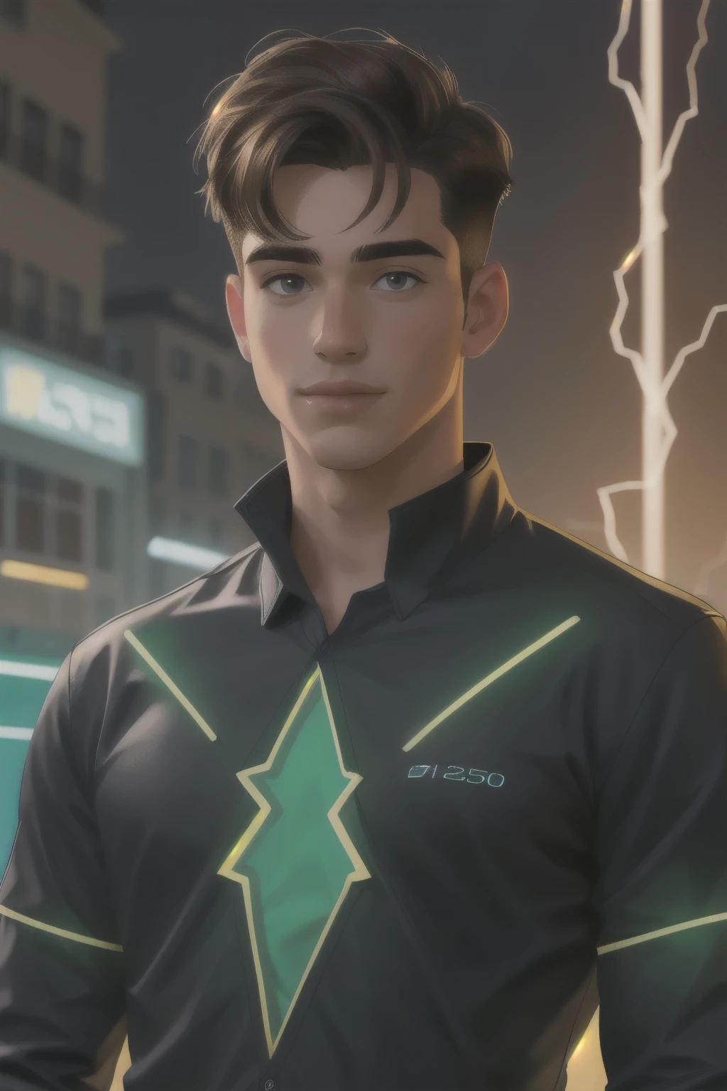 Realistic male character in his 20s, living in 2050, wearing a digital electric costume