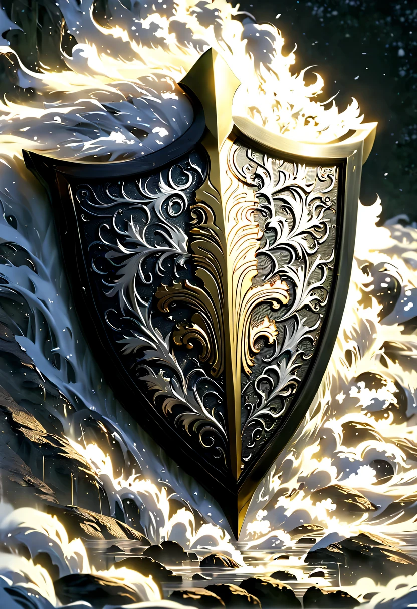 (8k, 16k, Award-winning, best quality, highest resolution, Super details, high detail, anatomically correct, masterpiece, stunning beauty), (金属shield: 1.3), 藤蔓内的智能shield , shield, Detail decoration, Snowflake carving, exquisite craftsmanship , Legendary shields, Rare and precious, intricate details, 智能shield由一种叫做山铜的金属制成, There are no gemstones, (Ancient characters are engraved on the inside of the shield: 1.2), Impeccable, platinum, white, Gold and silver, Trapped in a world of vines.