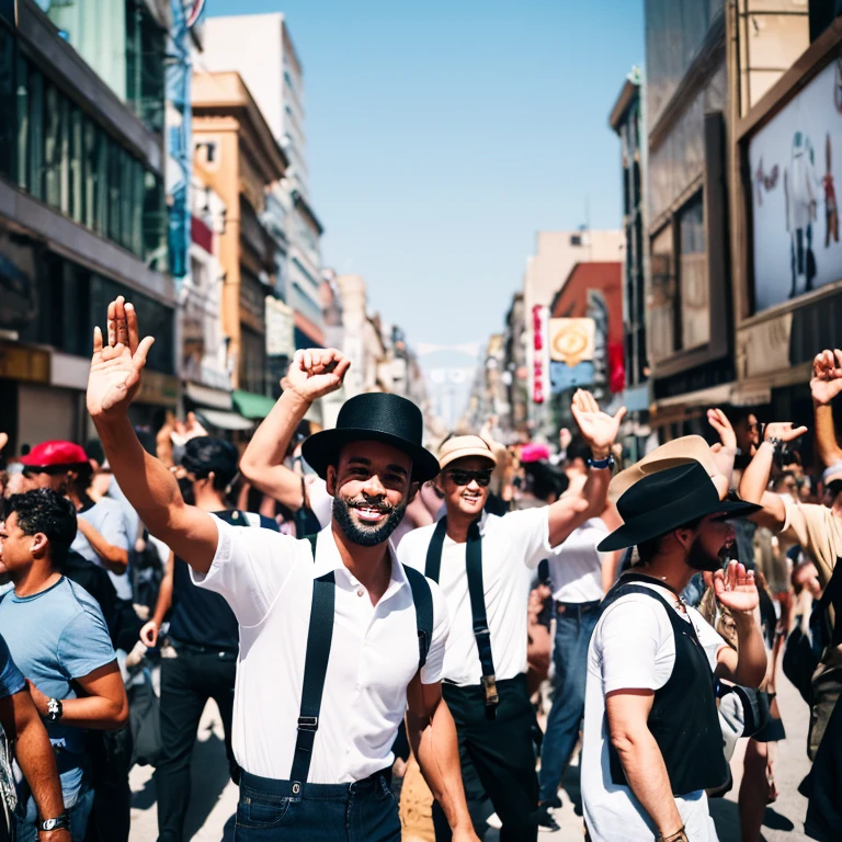 A crowd of American men and women in white shirts and a black vest on their head with a hat show their hands with palms forward and greet with a smile on a busy street of a big city