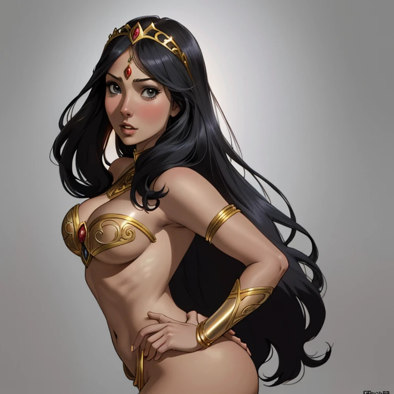 DC Comics, (emote:1), Eloise Mumford dressed as Dejah Thoris, by Frank cho and HR Geiger, barsoom, (sexy), ornate diadem, nearly naked, (1girl:1), (head shot:1.1), (dramatically surprised), expressive face, Gray background, one girl