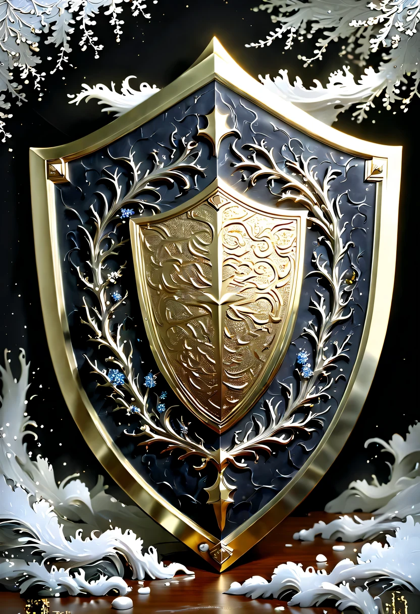 (8k, 16k, Award-winning, best quality, highest resolution, Super details, high detail, anatomically correct, masterpiece, stunning beauty), (金属shield: 1.3), 藤蔓内的智能shield , shield, Detail decoration, Snowflake carving, exquisite craftsmanship , Legendary shields, Rare and precious, intricate details, 智能shield由一种叫做山铜的金属制成, There are no gemstones, (Ancient characters are engraved on the inside of the shield: 1.2), Impeccable, platinum, white, Gold and silver, Trapped in a world of vines.