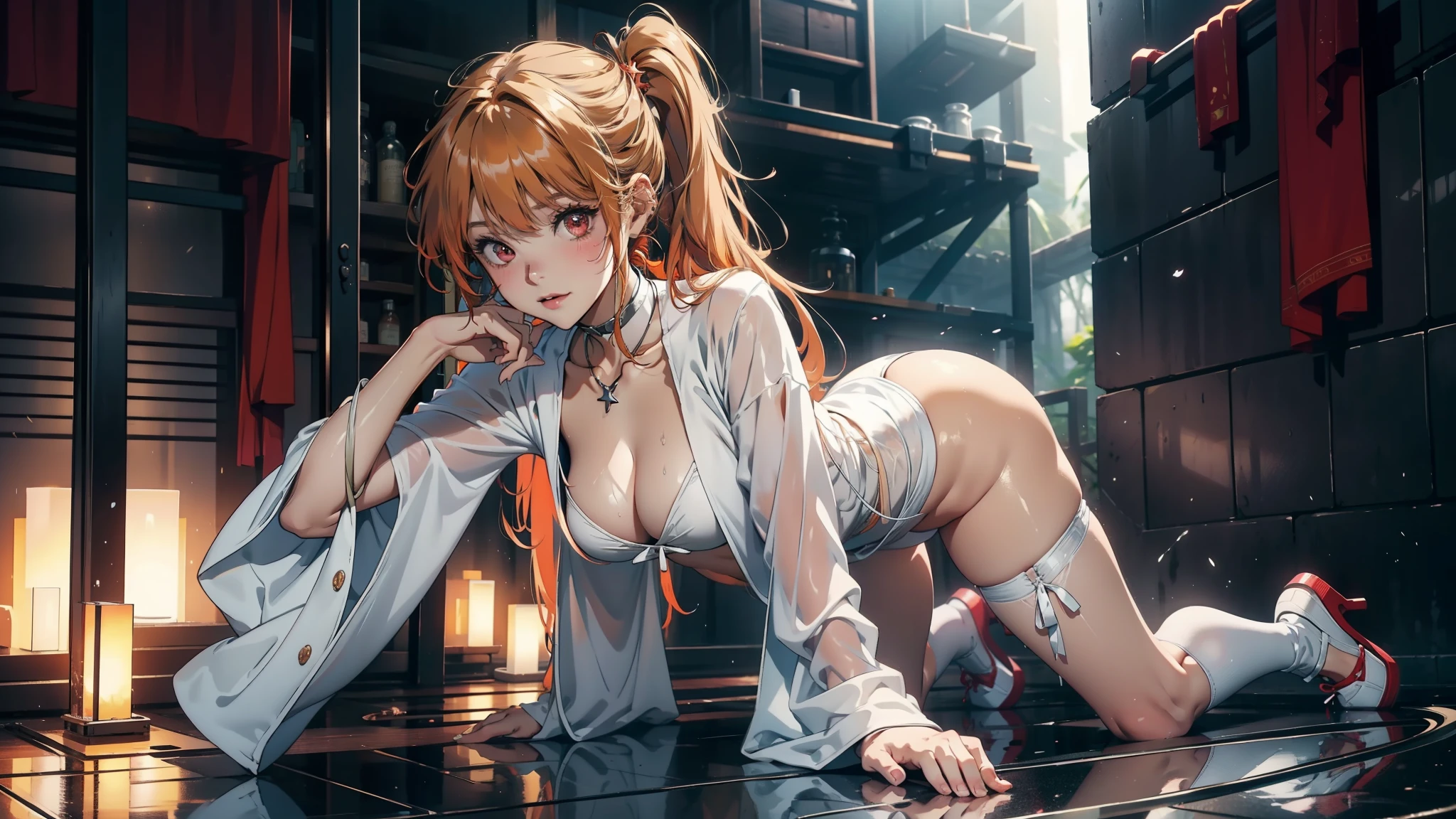 1female，15yo，Slim，熟妇，medium cleavage  Thin waist，slenderlegs，Pornographic exposure， 独奏， Hoshino Ruby, symbol-shaped pupils, (left star-shaped pupils:1.2), sparkling eyes, (star in left eye:1.2), symbol in eye, red eyes, long hair, blonde hair, bangs, blush, (side ponytail:1.1), (transparent white bathrobe, stocking, red high heels), looking at viewer,（Background with：ln the forest，the rainforest，in summer，sexy pose，Sweat profusely，drenched all over the body，seen from the front， hair straight， mostly cloudy sky，（（（tmasterpiece），（Very detailed CG unity 8K wallpaper），best qualtiy，cinmatic lighting，detailed back ground，beatiful detailed eyes，Bright pupils，（Very fine and beautiful），（Beautiful and detailed eye description），ultra - detailed，tmasterpiece，）），facing at camera，（Full body photo），Show shoes，A high resolution，ultra - detailed），revealing ， Bulge，legs are open，Raised sexy，Flushed complexion，Open-mouthed，frontage，full body,