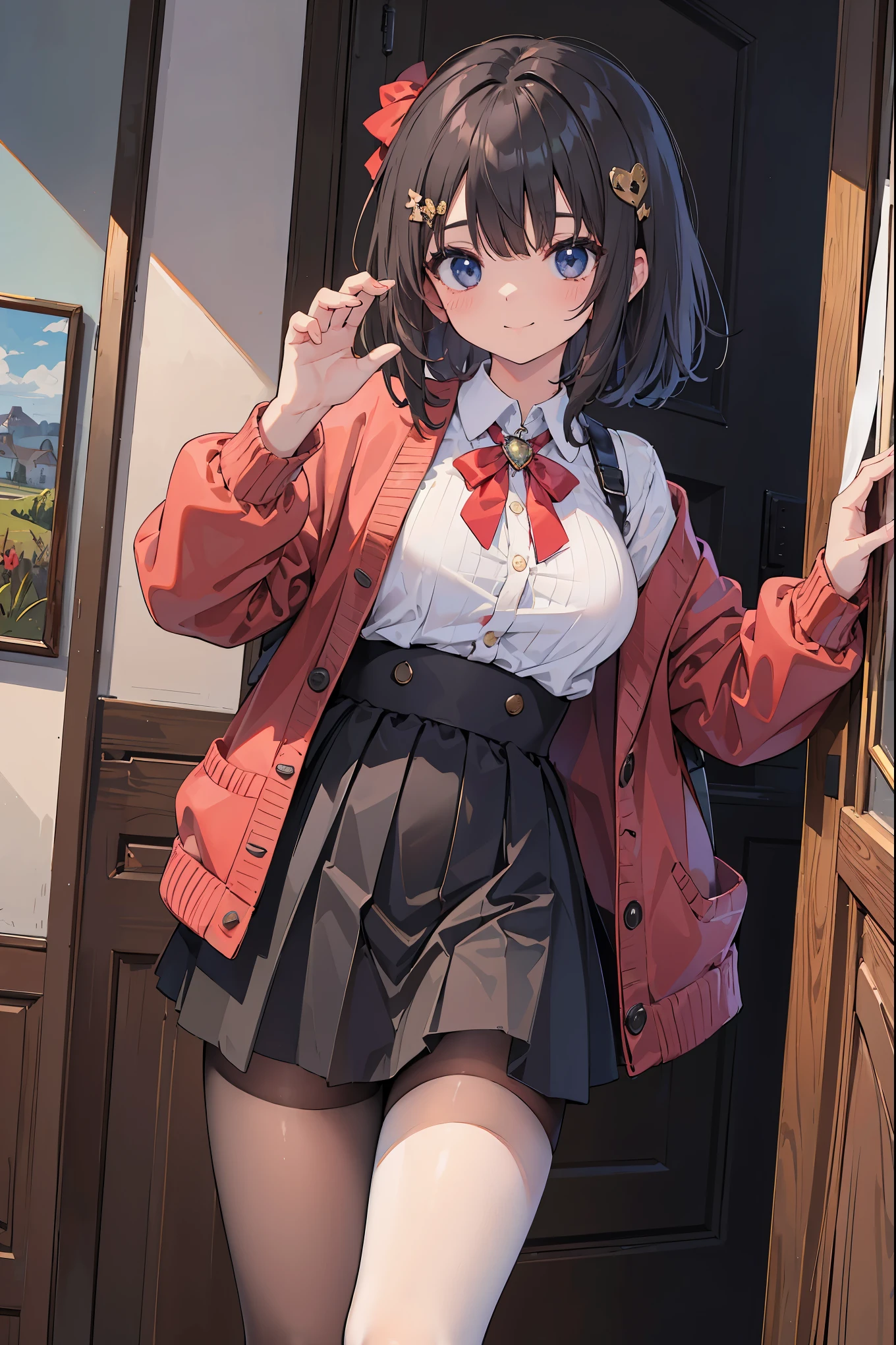 Masterpiece, top quality, high resolution, hair ornament, medium hair, red ribbon and lace, large breasts, jewelry, red cardigan, brooch, pendant, white shirt, vertically striped skirt, white and black striped pantyhose, cowboy shot , standing with thighs spread to the left and right, smile, enchanting genius, ultra-detailed skin, (best lighting by famous artists: 1.2), 8K, (acting instruction of charming poses by famous masters: 1.4),