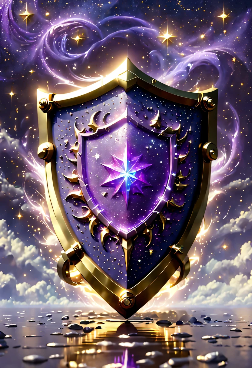 ultra high definition, Super details, best quality, high detail, 1080P, 16k, high resolution，Close-up of the shield，A smart shield with a shiny surface, Magical smart shield, Magic Crystal Smart Shield, Dots of smart shields, purple sparkles, gold and purple, ring lit,, Sparkling golden smart shield, glowing purple, The background is the mysterious cosmic starry sky,Smart Shield Photography, Jewelry Gold Smart Shield，(Best Illustration)，(best shadow)，Isometric 3D.octane rendering，surreal